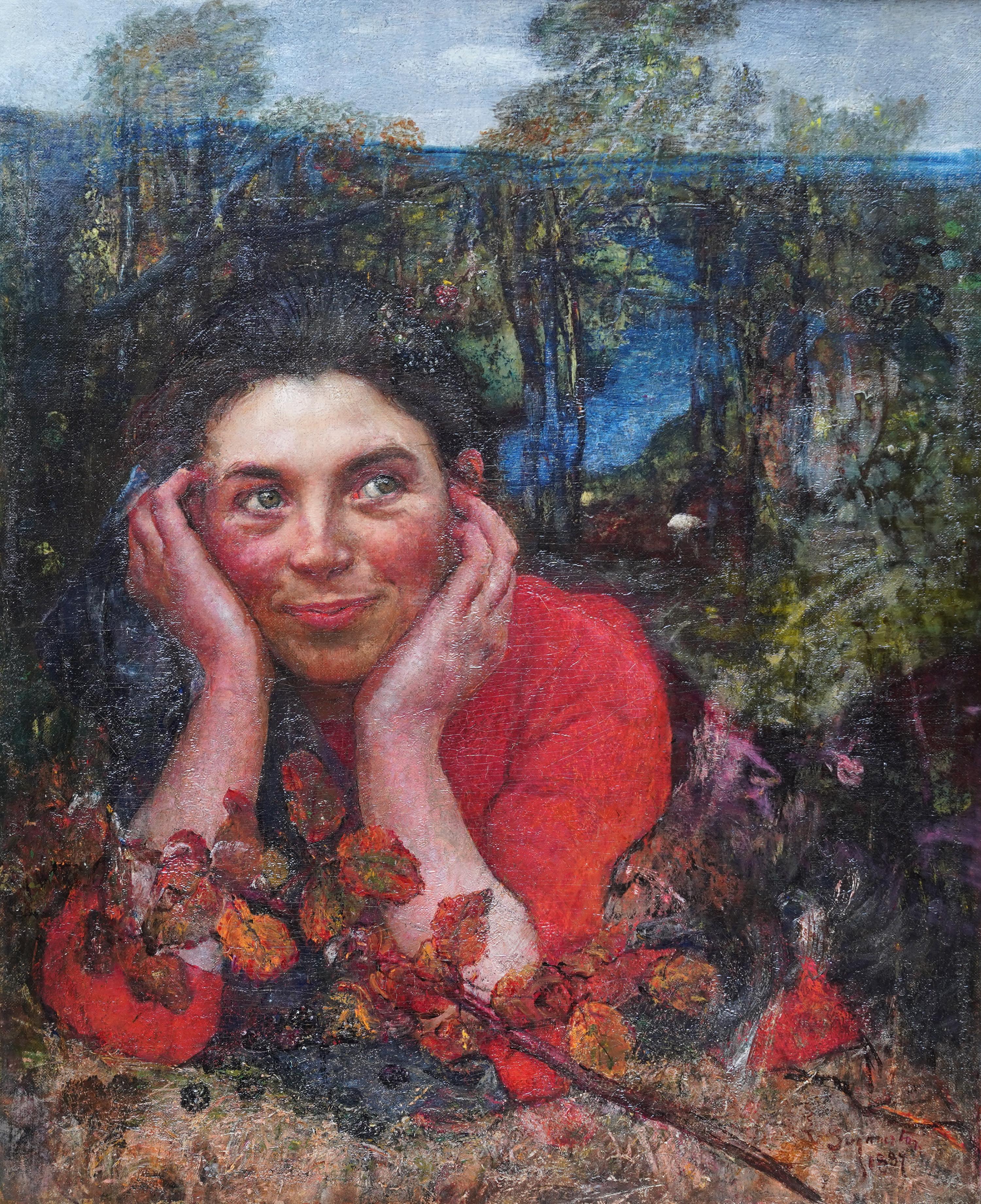 Fanciulla del bosco vittoriana - ritratto di artista femminile britannico del XIX secolo dipinto ad olio in vendita 6