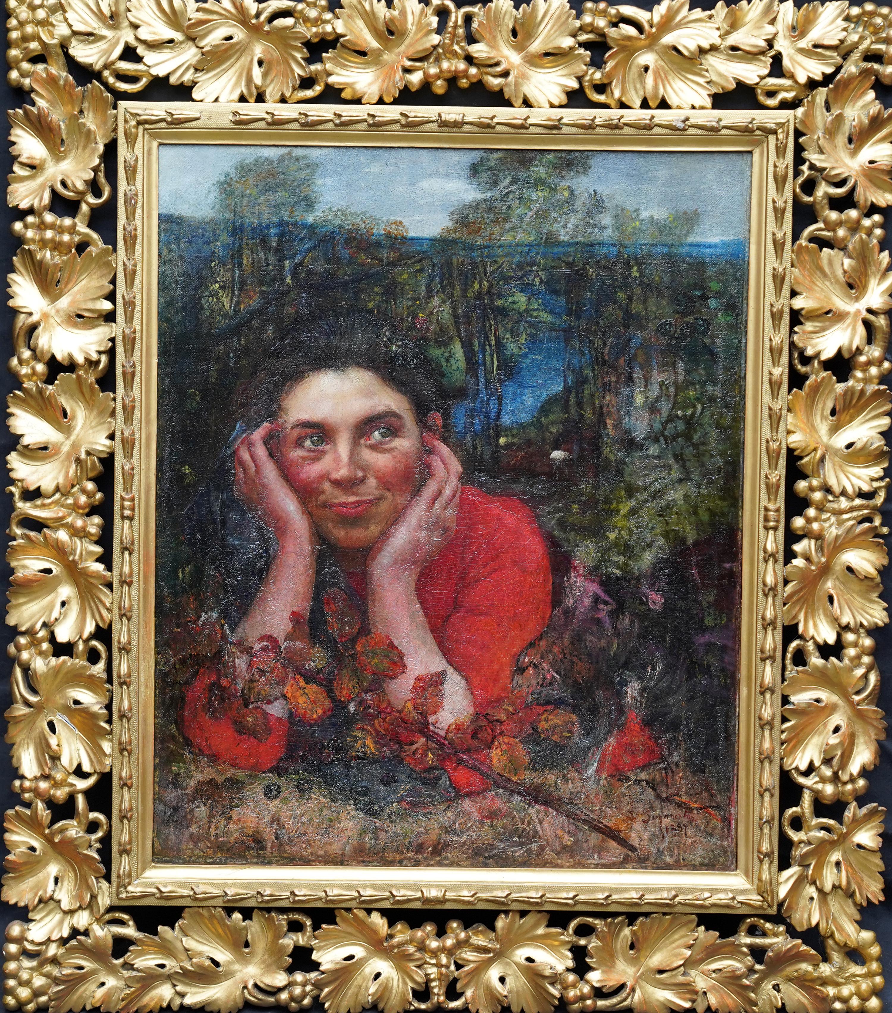 Fanciulla del bosco vittoriana - ritratto di artista femminile britannico del XIX secolo dipinto ad olio in vendita 7
