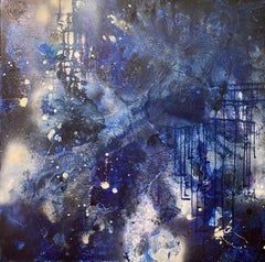 Black Hole Sun in Blue, technique mixte, peinture abstraite sur toile, signée 