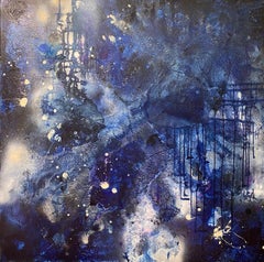 Black Hole Sun in Blue, Mixed Media, Abstract Painting on Canvas, Signed