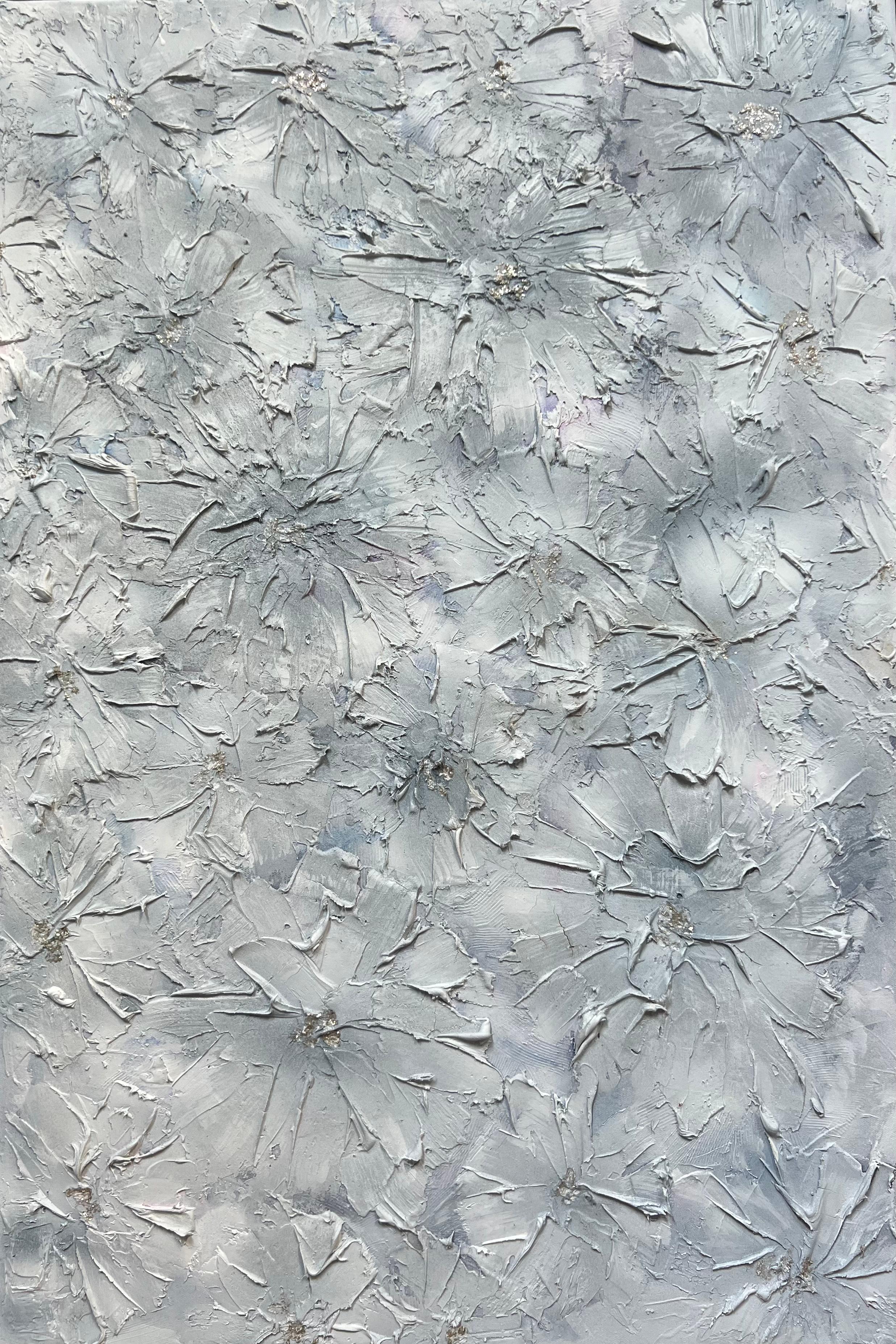 Delicate Flower Baby Blue, Floral Abstract Mixed Media on Canvas, Signed  - Mixed Media Art by Annie Mandelkern
