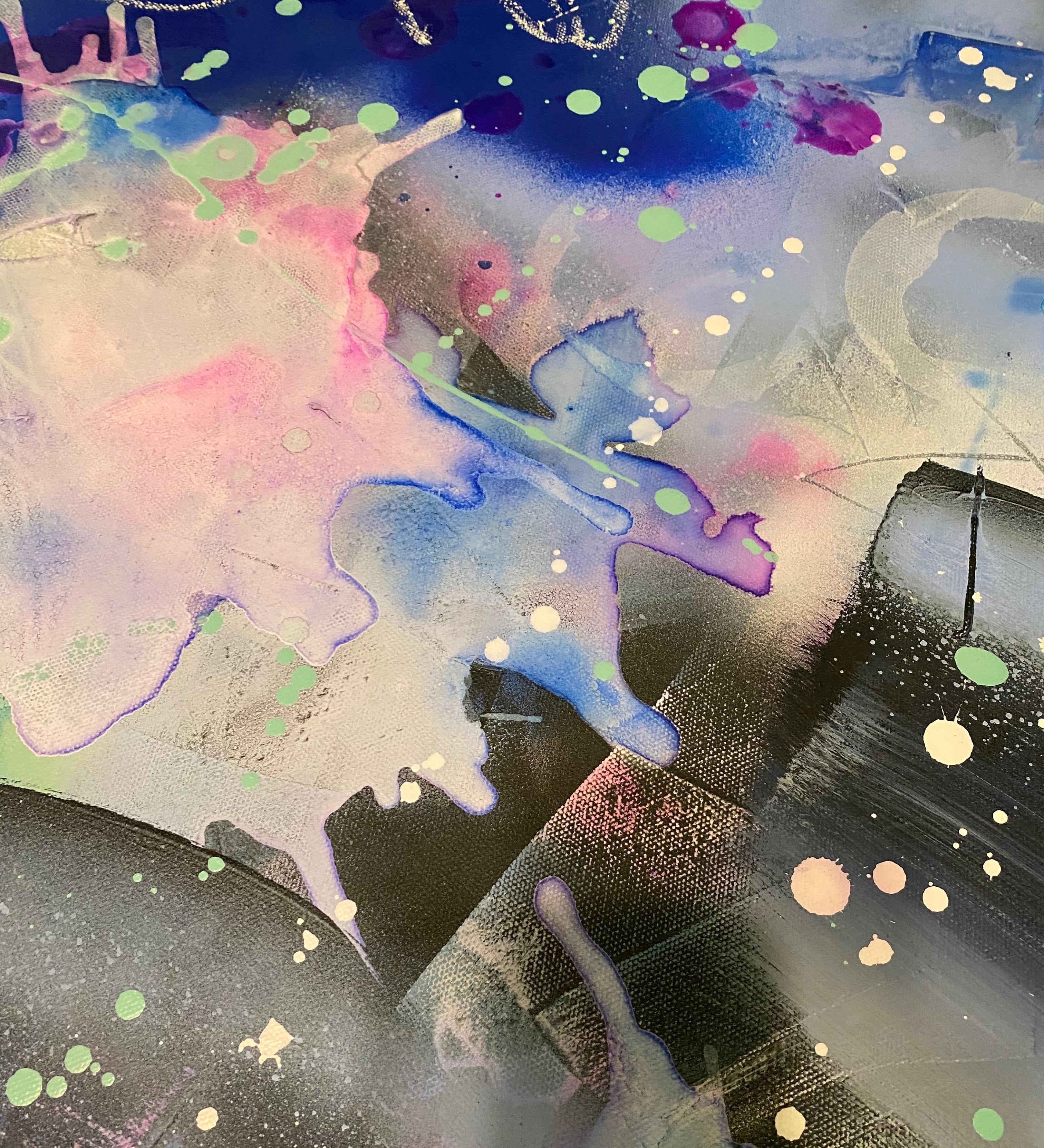 Q6 is mixed media, abstract painting on canvas, a combination of acrylics and spray paint in blues, blacks, pinks and a pop of neon to create the perfect balance between whimsical and edgy. 

Q6, 2021
40