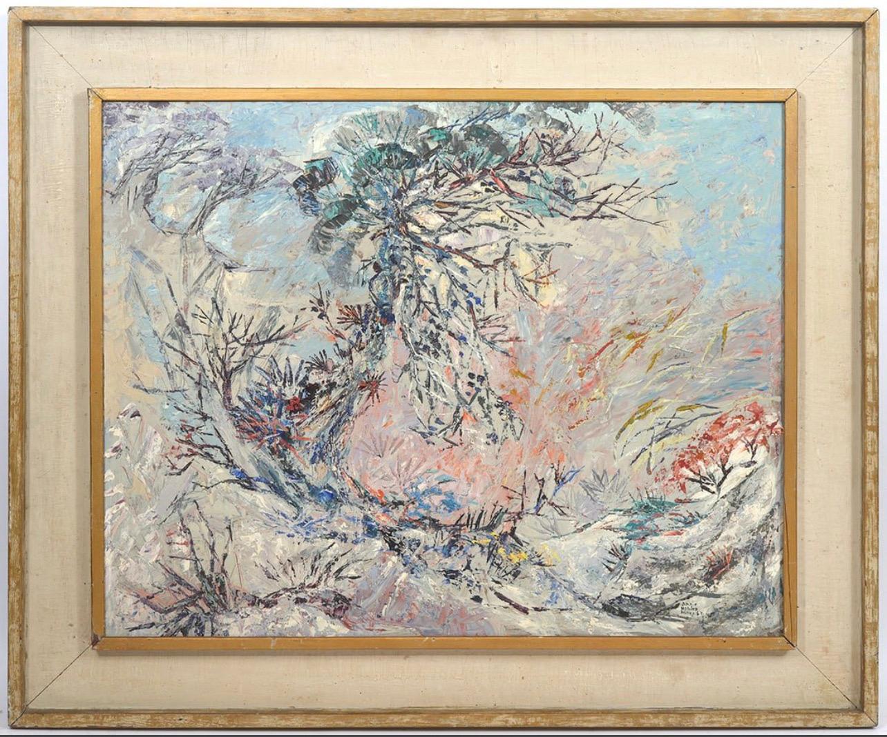 "Annie Nobles Miller"
Abstrakte Florida Landschaft Öl auf Karton Gemälde
Handsigniert unten links  Verso beschriftet St. Lucie County. 
Maße: Brett 24 "H x 30 "W; Gerahmt - 32 "H x 38 "W.

Annie Miller war Mitglied der Indian River School of