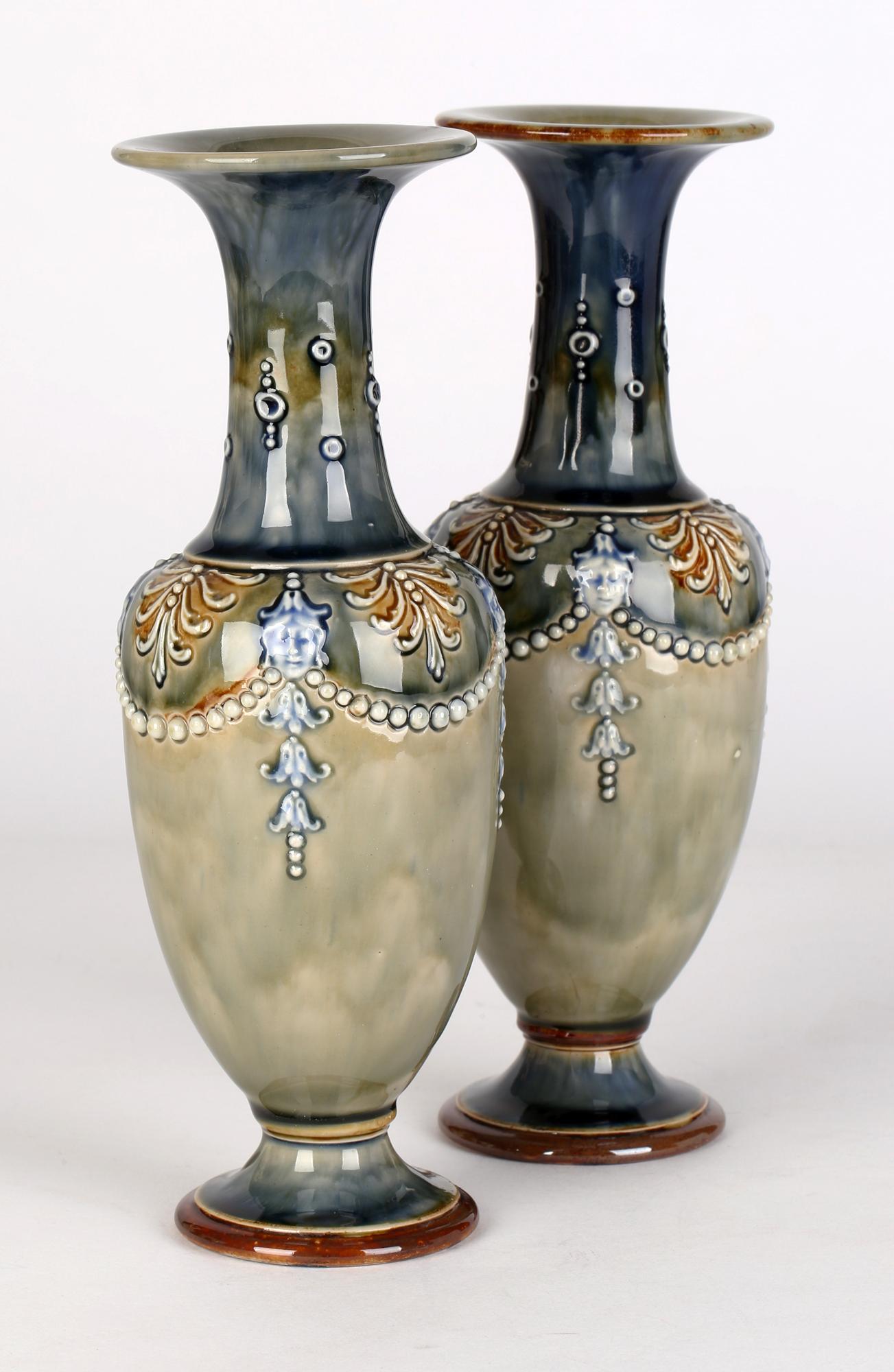 Annie Partridge Pair Doulton Lambeth Art Nouveau Vases with Maiden Masks In Good Condition In Bishop's Stortford, Hertfordshire