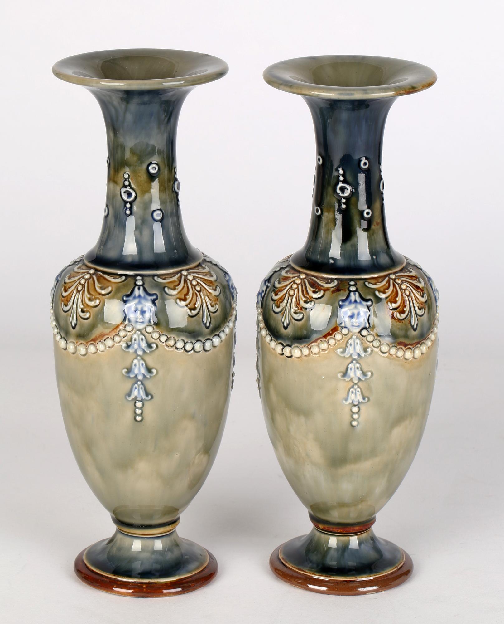 Annie Partridge Pair Doulton Lambeth Art Nouveau Vases with Maiden Masks 1