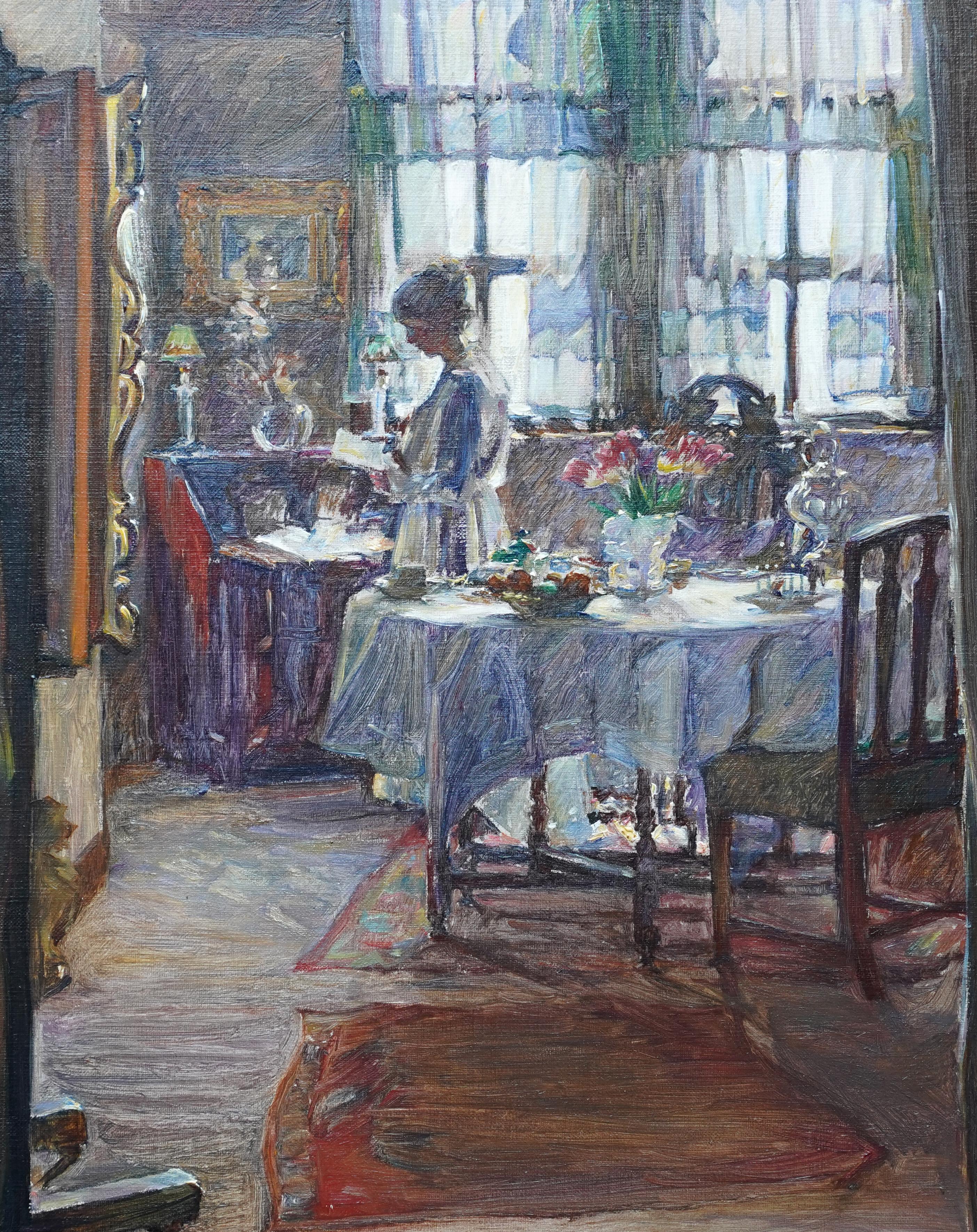 Interior with Lady Reading - Scottish Edwardian 1910 art portrait oil painting - Impressionist Painting by Annie Rose Laing
