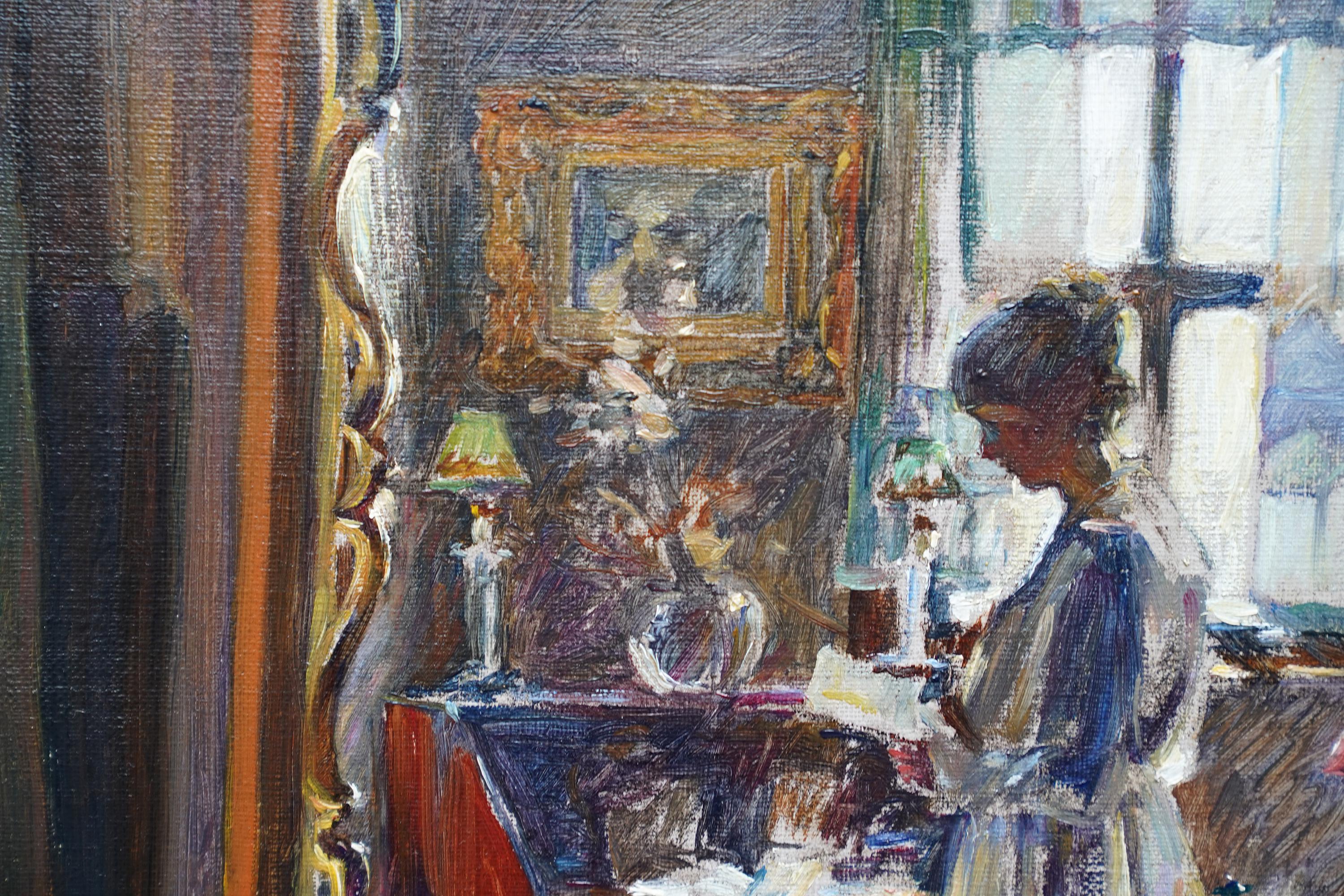 Interior with Lady Reading - Scottish Edwardian 1910 art portrait oil painting For Sale 2