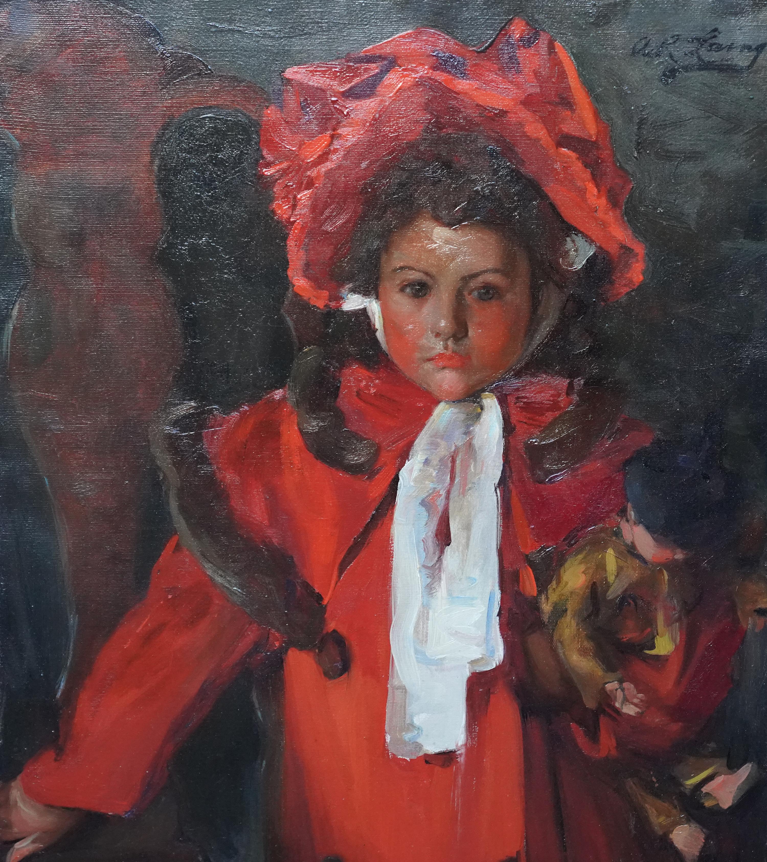 Porträt eines Mädchens in Rot – schottisches Ölgemälde eines Mädchens aus Glasgow, 1900 (Realismus), Painting, von Annie Rose Laing