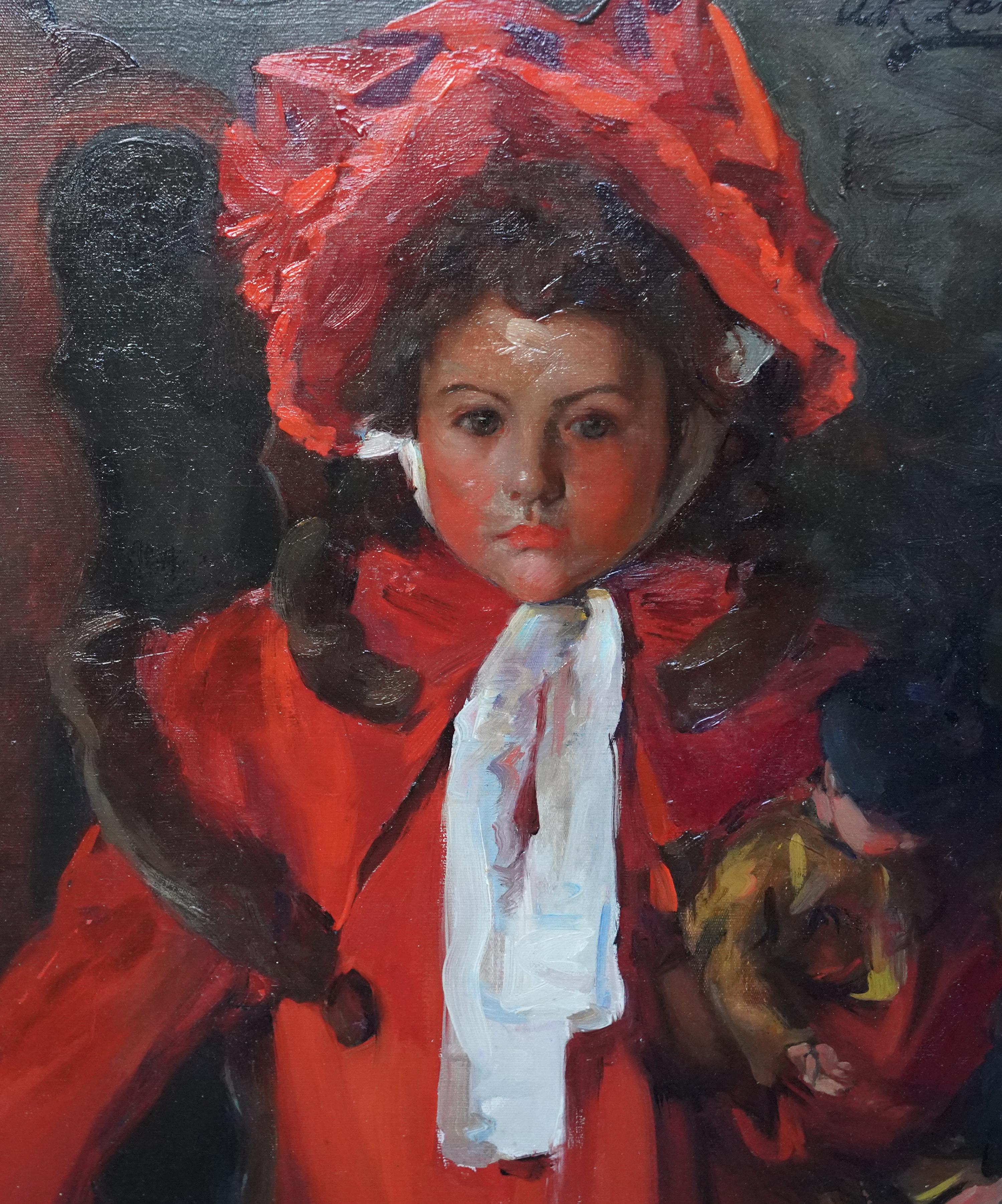 Porträt eines Mädchens in Rot – schottisches Ölgemälde eines Mädchens aus Glasgow, 1900 im Angebot 1