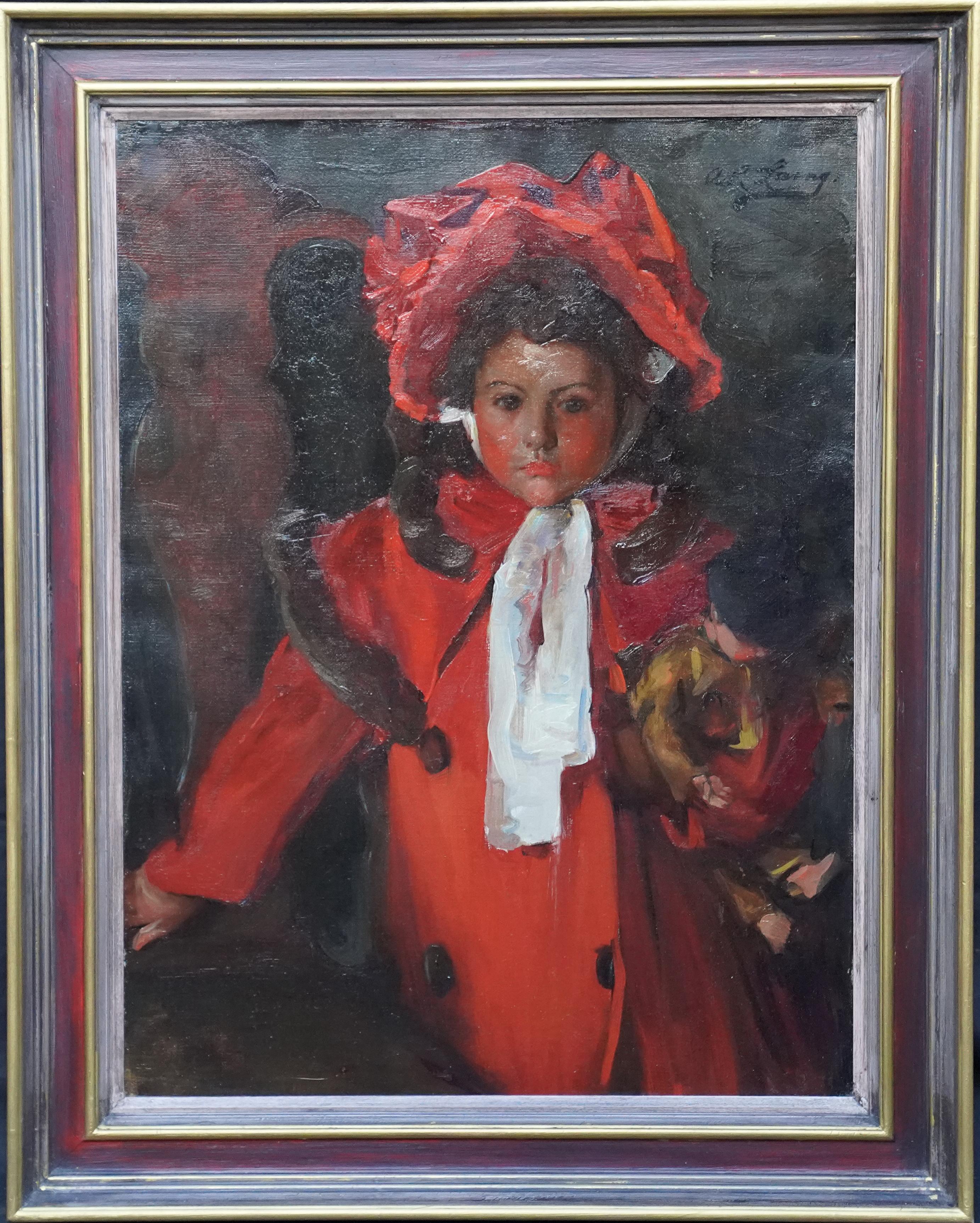Annie Rose Laing Portrait Painting – Porträt eines Mädchens in Rot – schottisches Ölgemälde eines Mädchens aus Glasgow, 1900