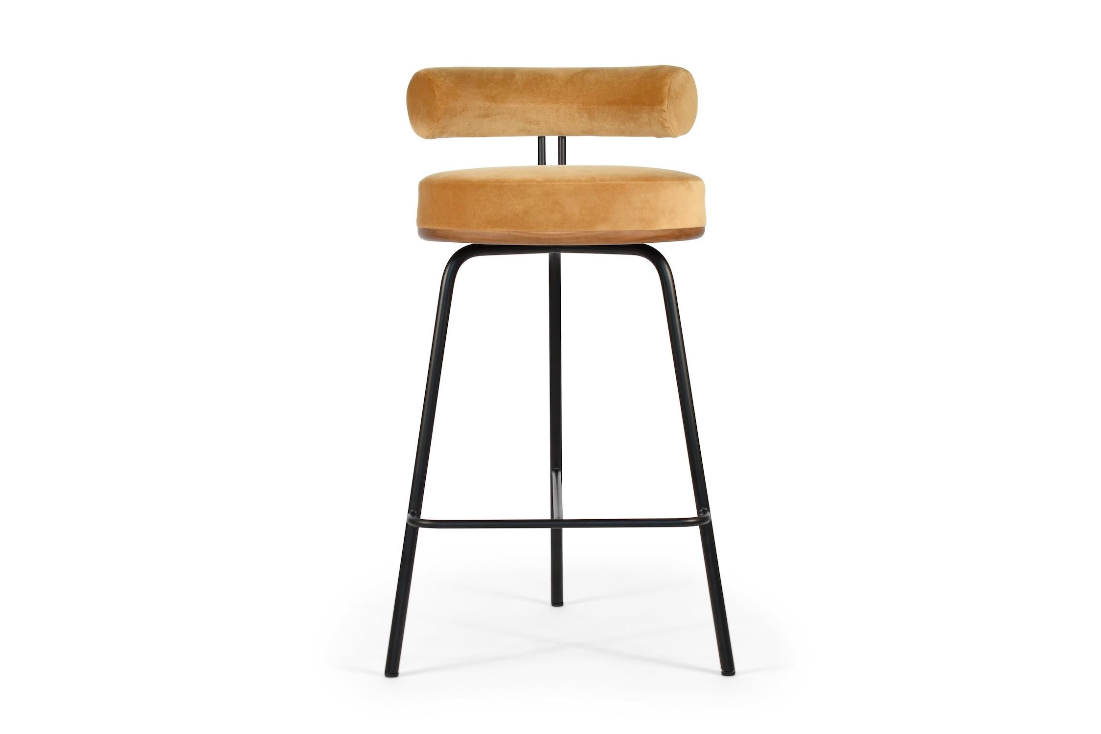 The Annie stool with its simple, modern form and refined tailoring details provides the right balance between utility and sophistication. Carefully considered for ergonomics, beauty, and performance. The upholstered seat and flowing curved back lend