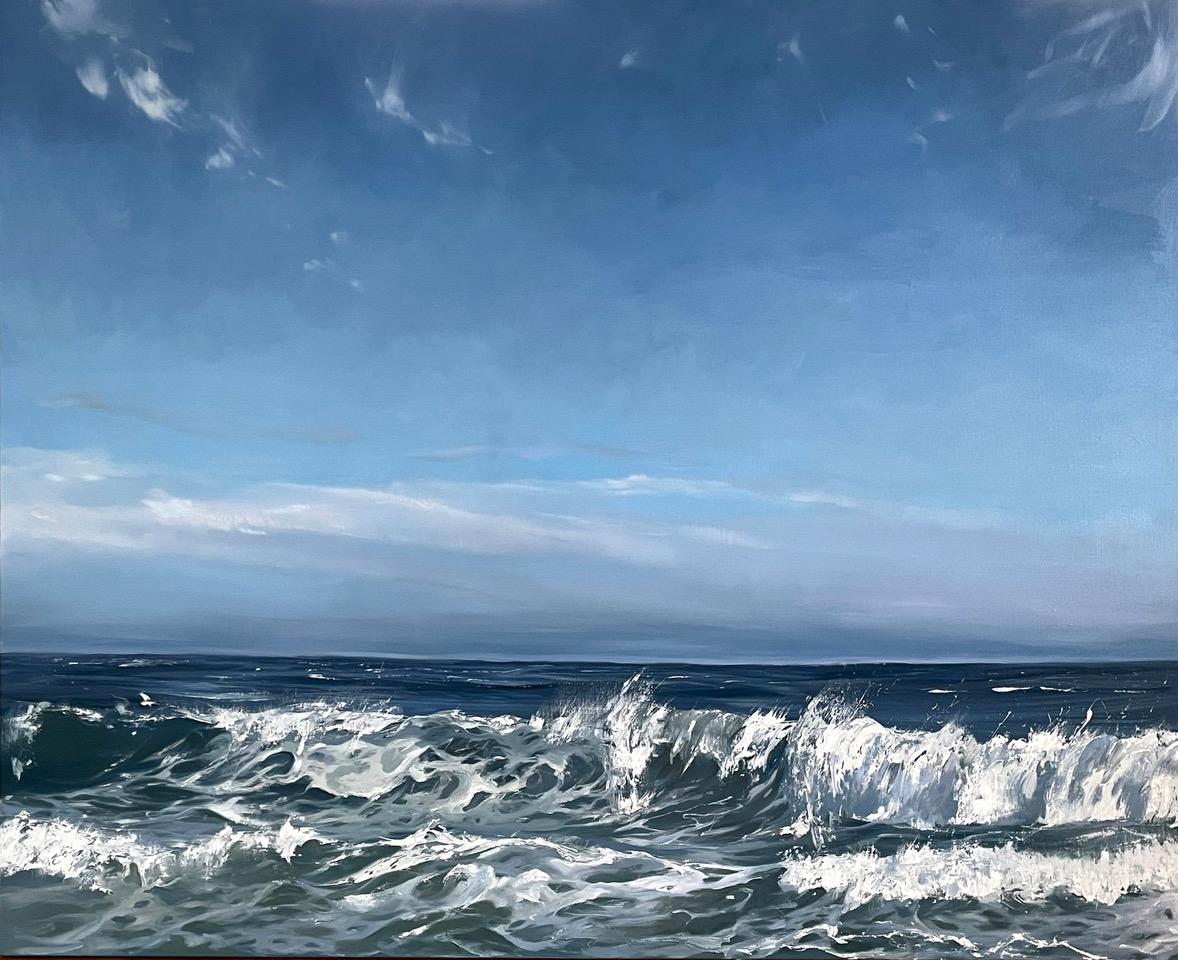Annie Wildey Landscape Painting - "Breezy Shore" large scale oil painting of ocean waves and blue sky