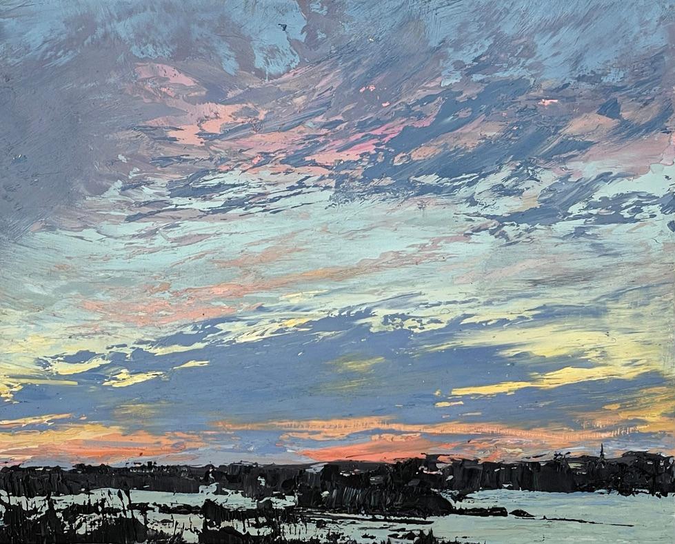 Annie Wildey Landscape Painting - "Candy Colored Skies" Small scale oil painting of a teal and orange sky.