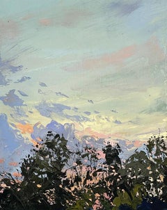"Candy Floss Clouds II" Small scale painting of green foliage against blue sky.