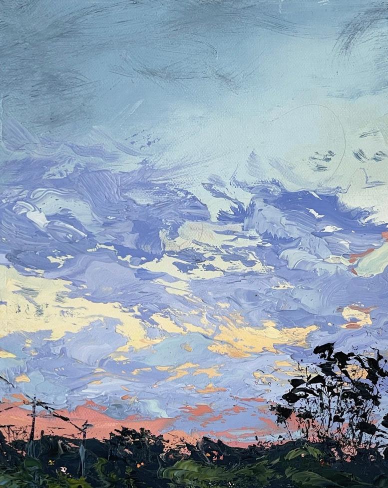 Annie Wildey Landscape Painting - "Candy Floss Clouds III" Small painting of a teal and orange tinted sky. 