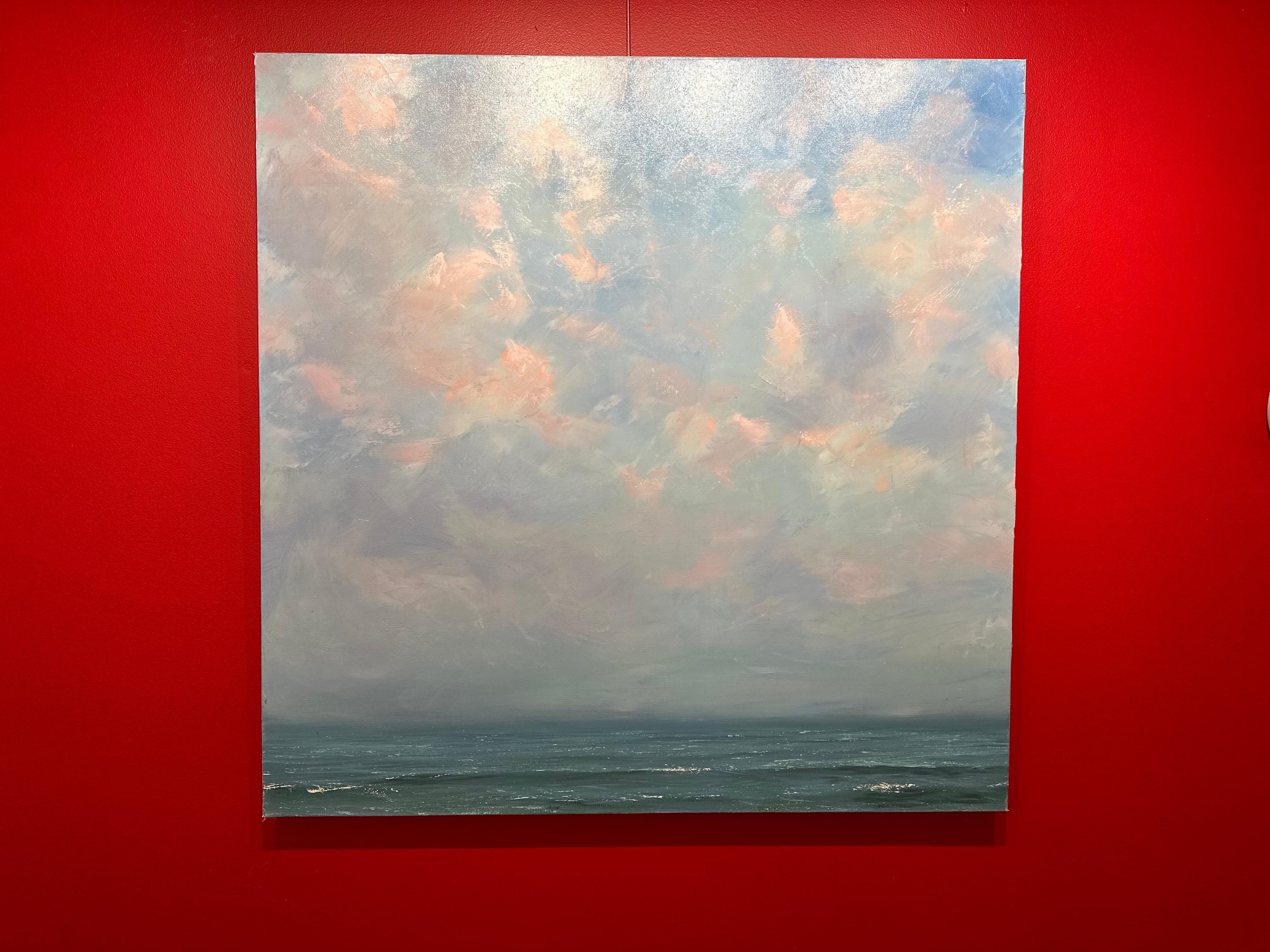 Hyperrealistisches Gemälde „Coastal Ease“ mit blauem Meer und orangefarbenem Himmel. – Painting von Annie Wildey