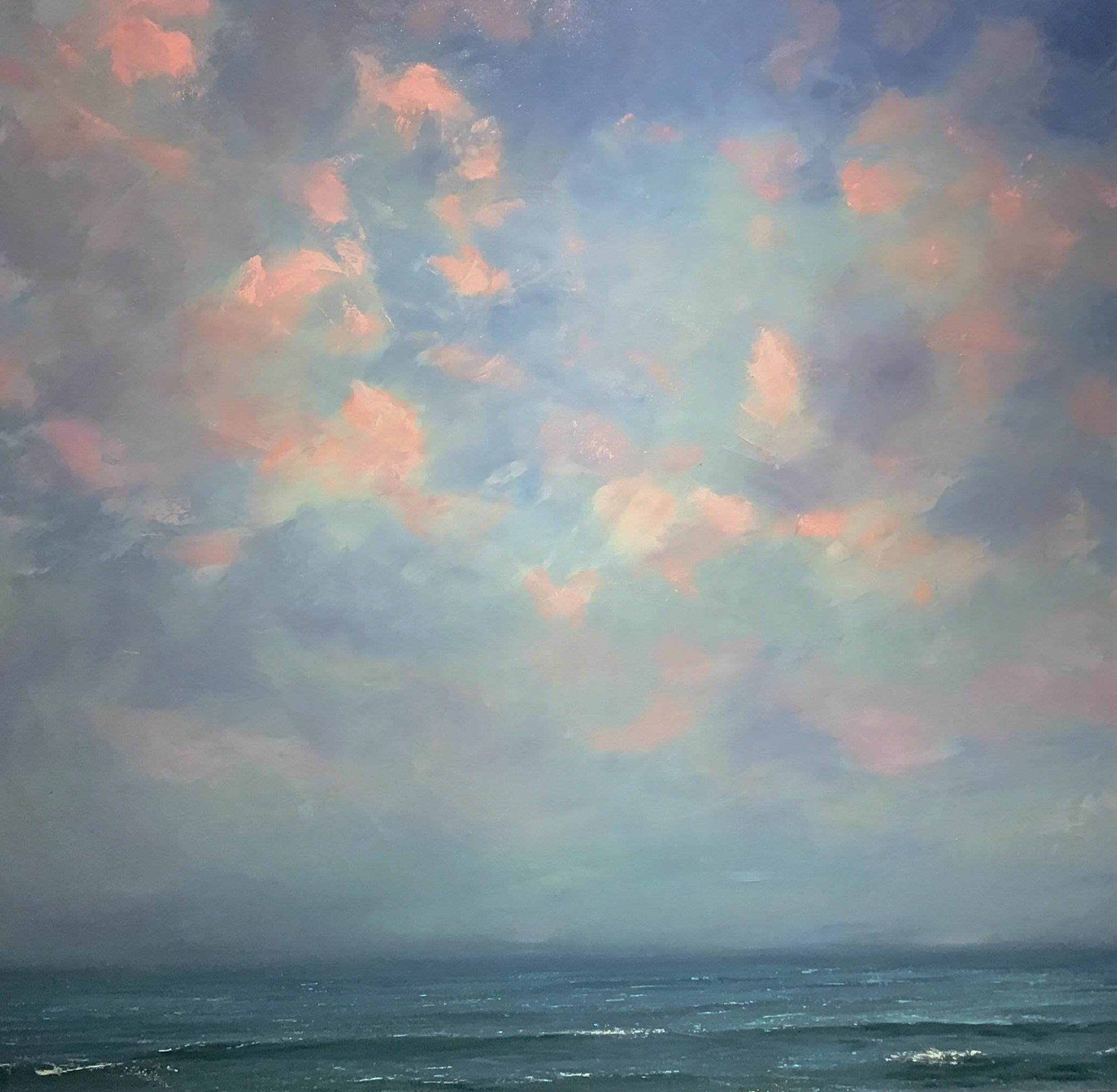 Annie Wildey Landscape Painting – Hyperrealistisches Gemälde „Coastal Ease“ mit blauem Meer und orangefarbenem Himmel.