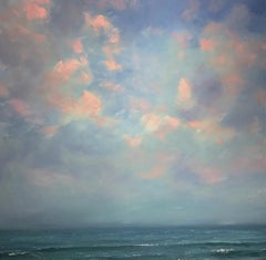 "Coastal Ease" Hyperrealistic painting of a blue sea and orange sky.