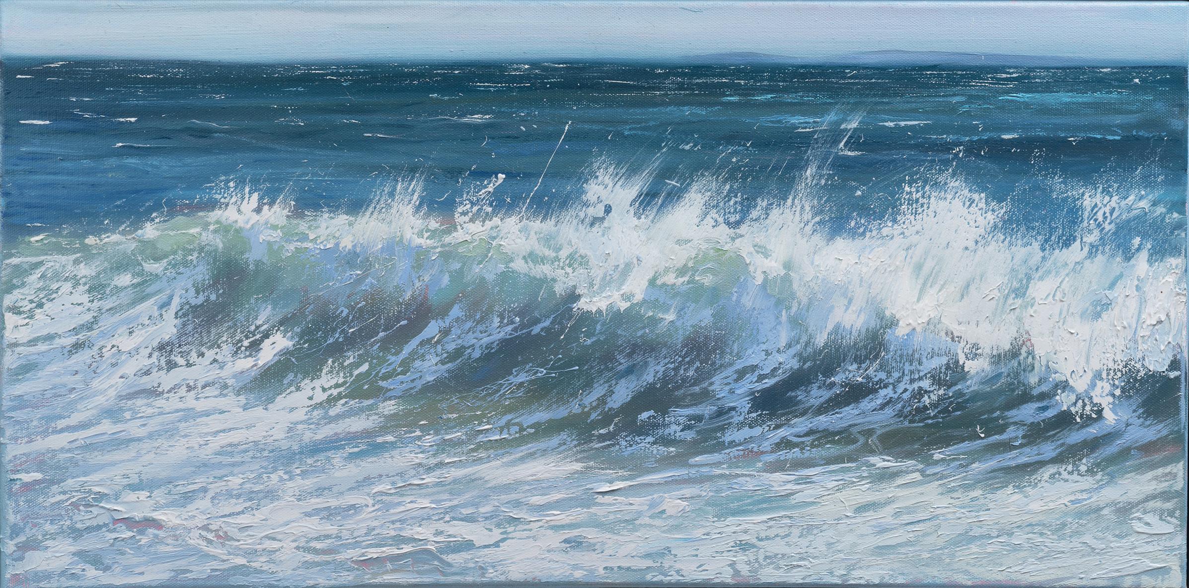 Annie Wildey Landscape Painting - "Coastal Surf" horizontal oil painting of waves crashing in the ocean