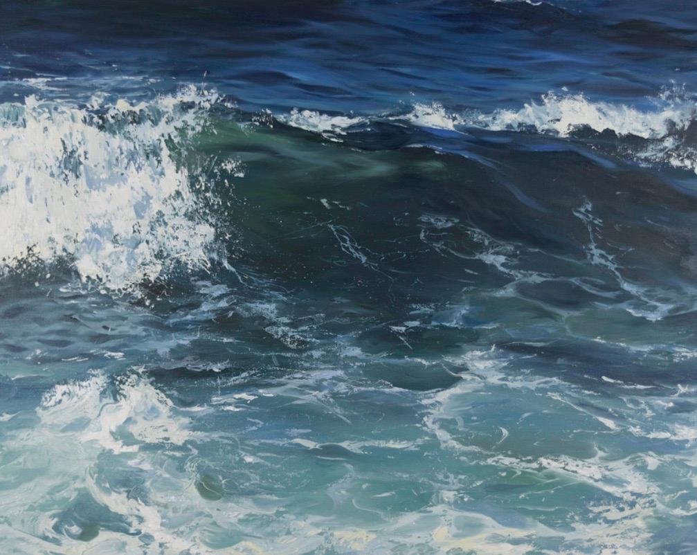 Annie Wildey Landscape Painting - "Crystal Blue" oil painting of dark blue waves with white sea foam