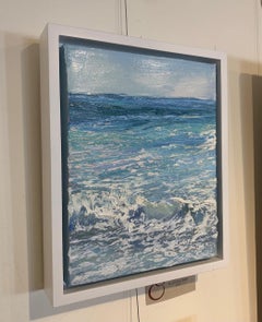 "Crystal Surf I" small scale oil painting of teal blue waves with white sea foam