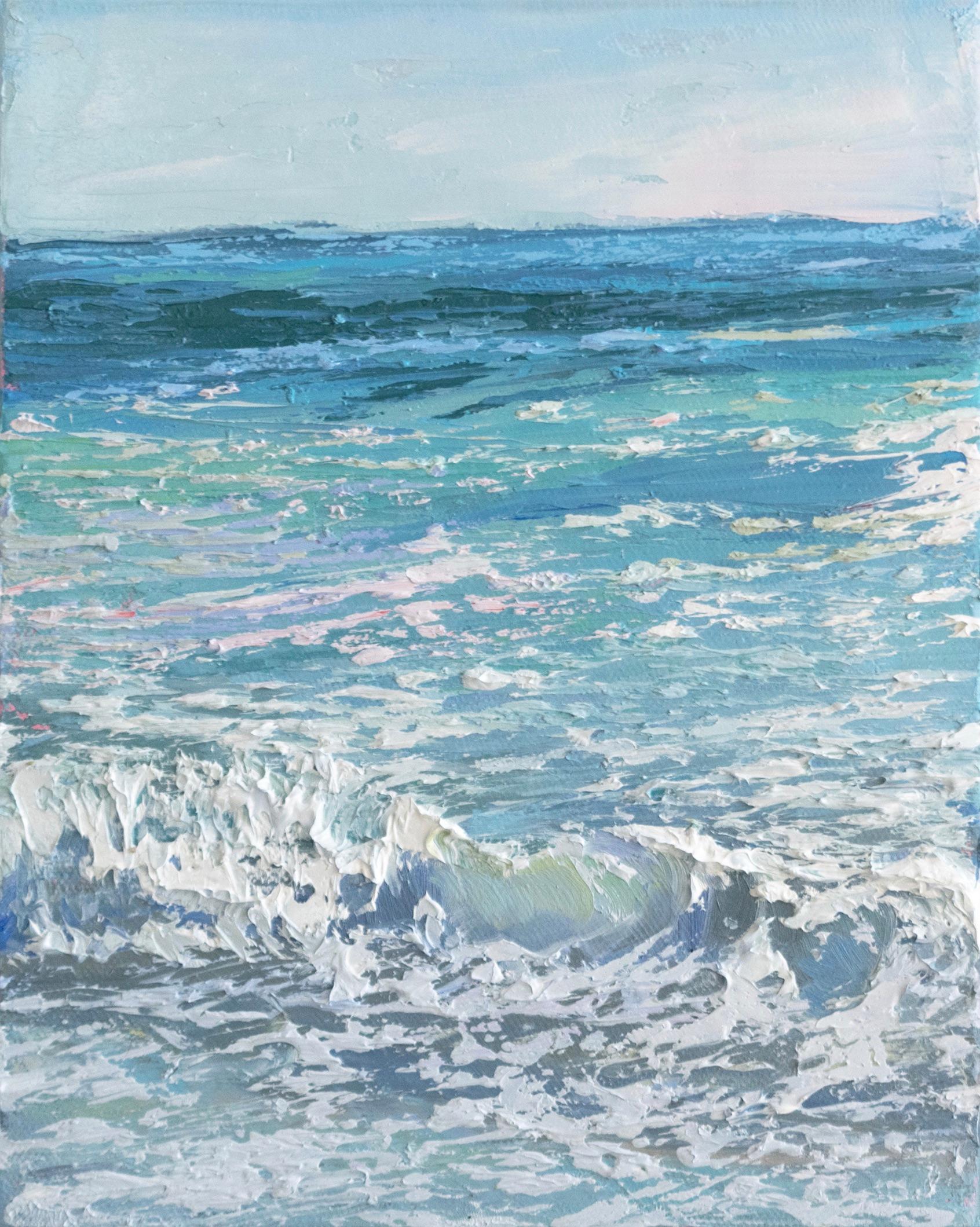 Annie Wildey Landscape Painting - "Crystal Surf I" small scale oil painting of teal blue waves with white sea foam
