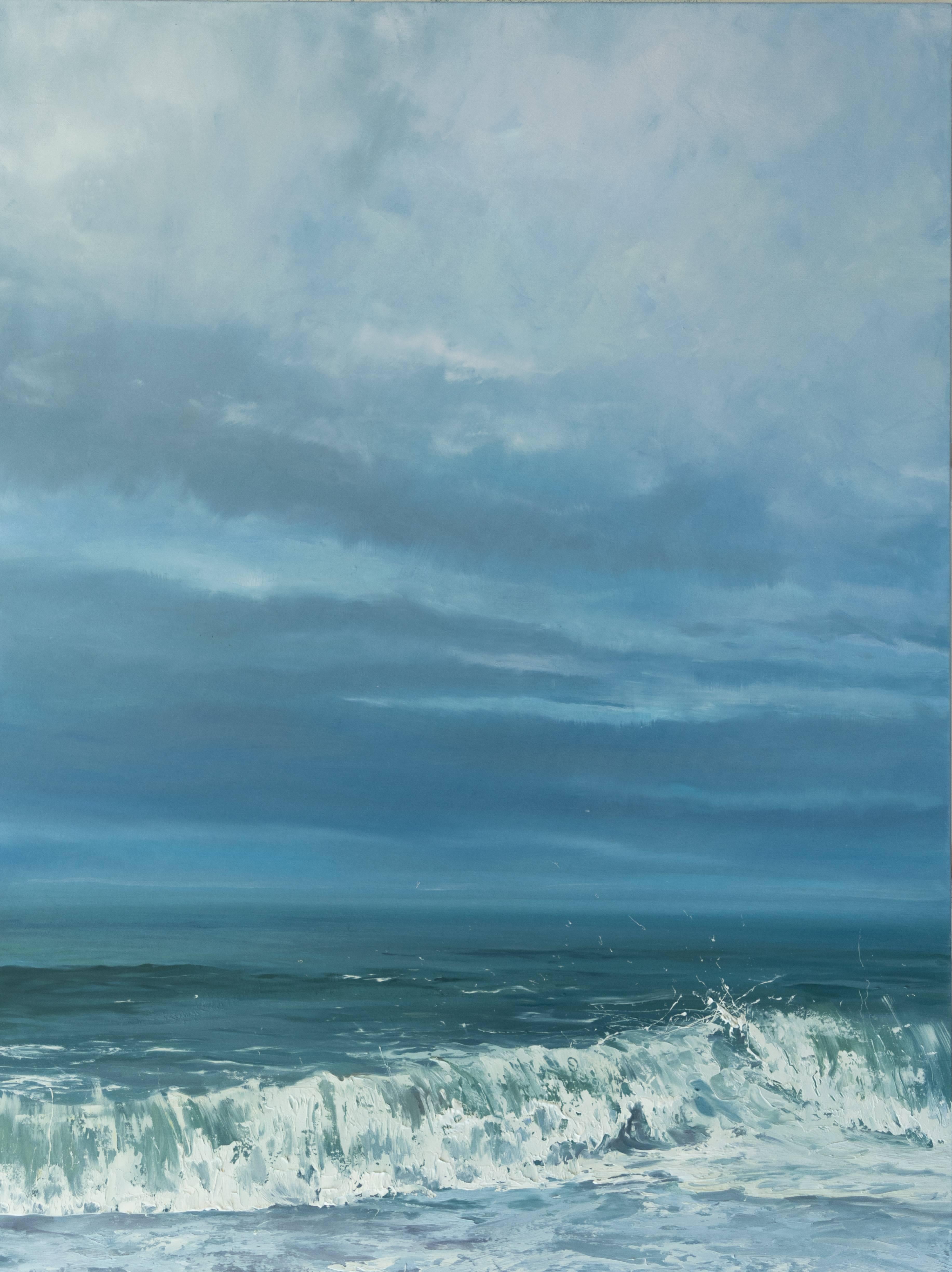 Annie Wildey Landscape Painting - "Evening Sky" Crashing Wave with Big Sky in Blues and Green