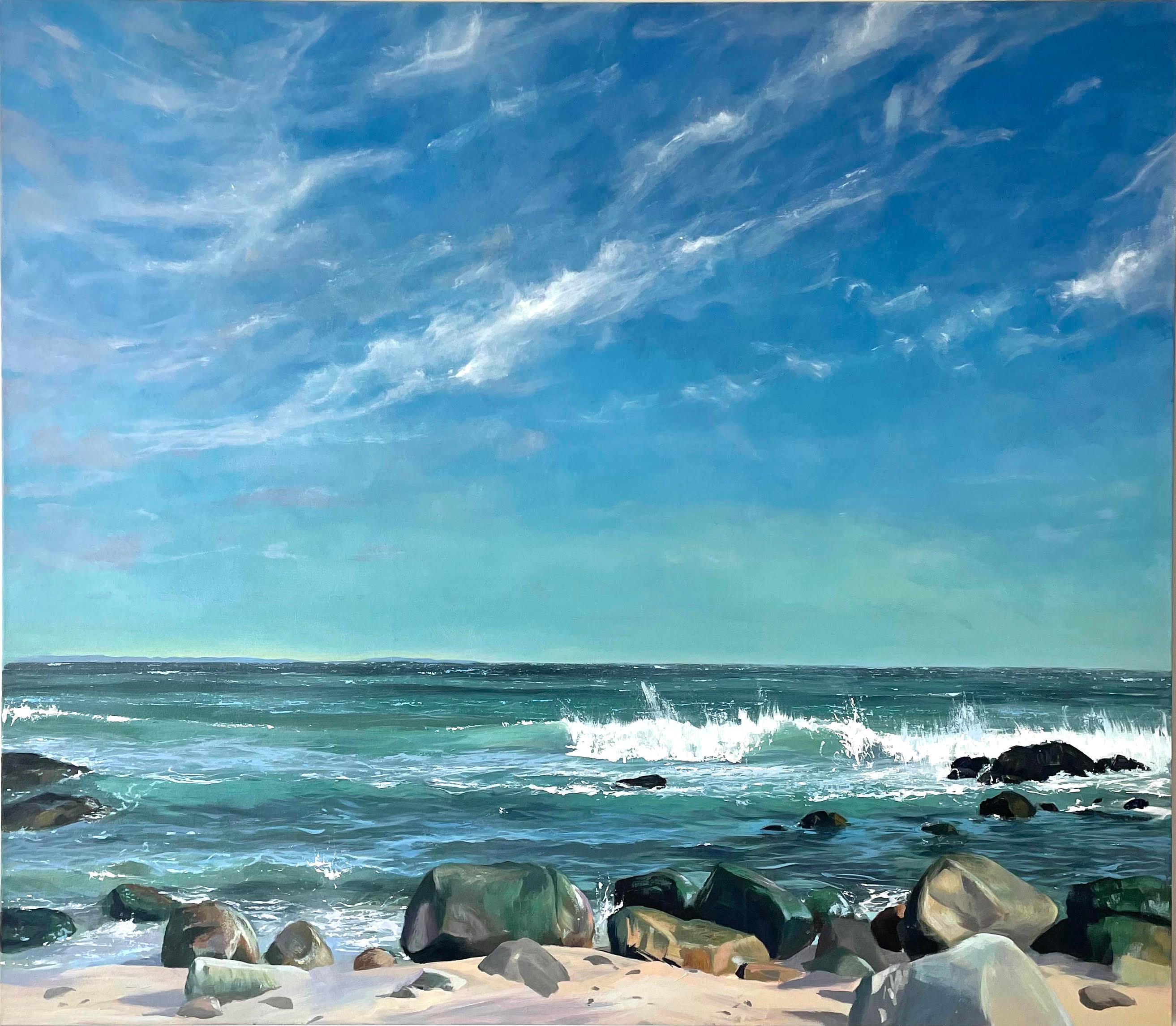 Annie Wildey Landscape Painting – Großformatiges Ölgemälde „Mid Summer Rocks“ mit Wellen und Felsen am Strand