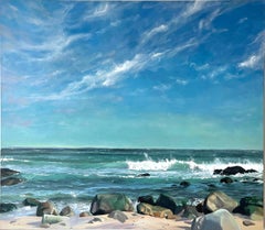 "Mid Summer Rocks" large scale oil painting of waves and rocks on the beach