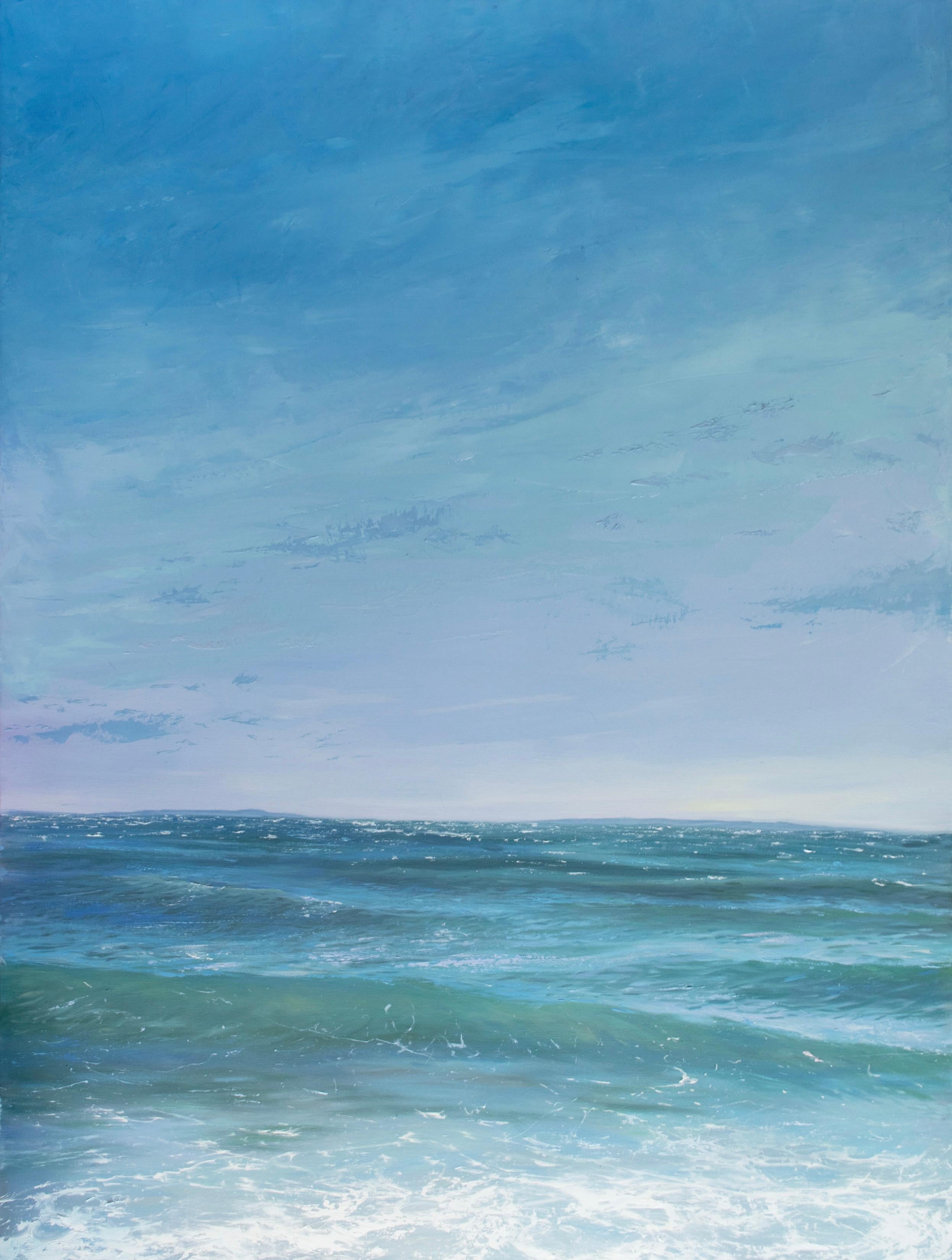 Annie Wildey Landscape Painting - "Gentle Breeze IV" oil painting of ocean waves with blue sky and clouds