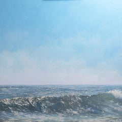 "Glistening Ocean" oil painting of a wave and blue sky behind