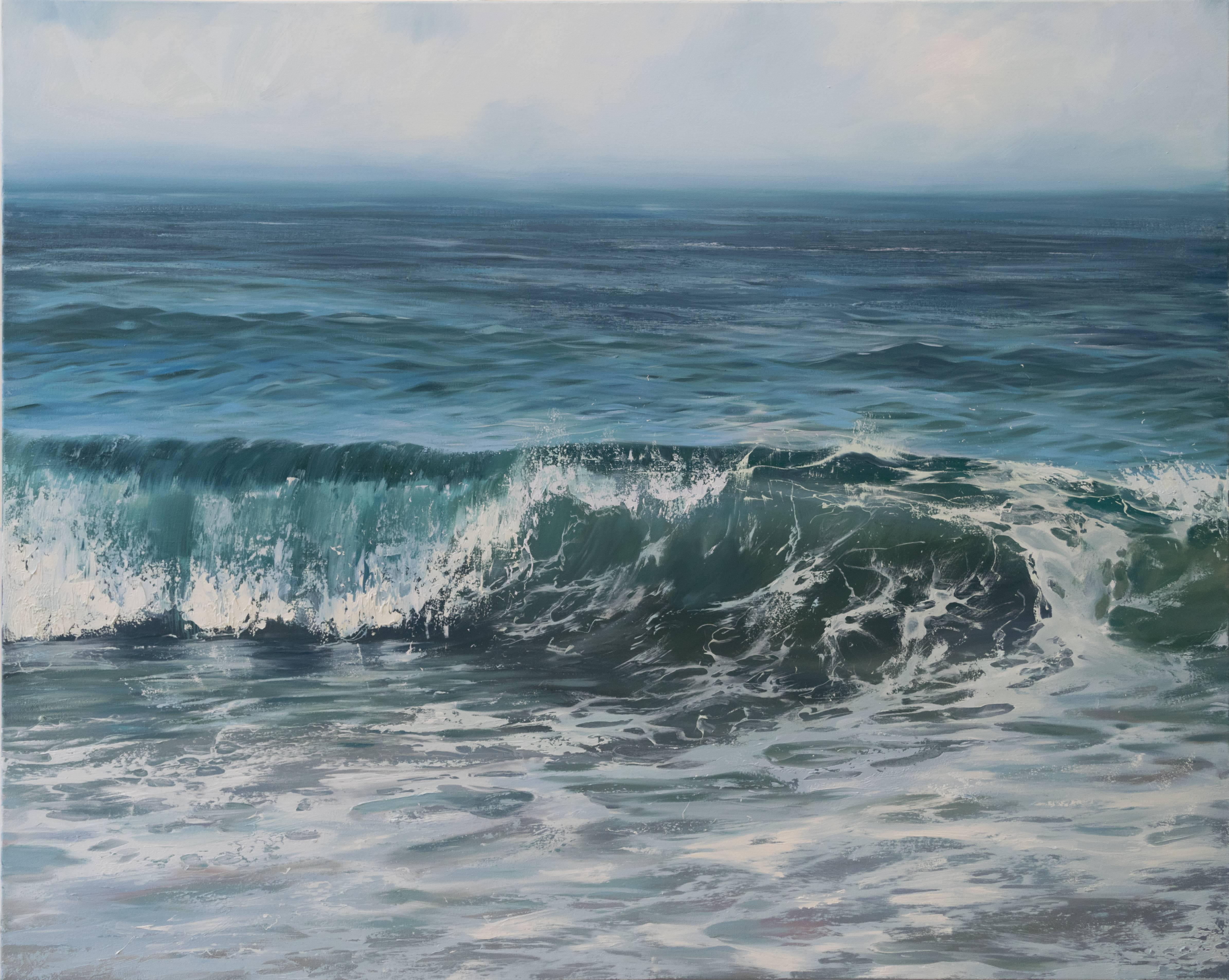 Annie Wildey Landscape Painting - "Glistening Roller" Ocean Wave in Blue and Green with Paint Splatters