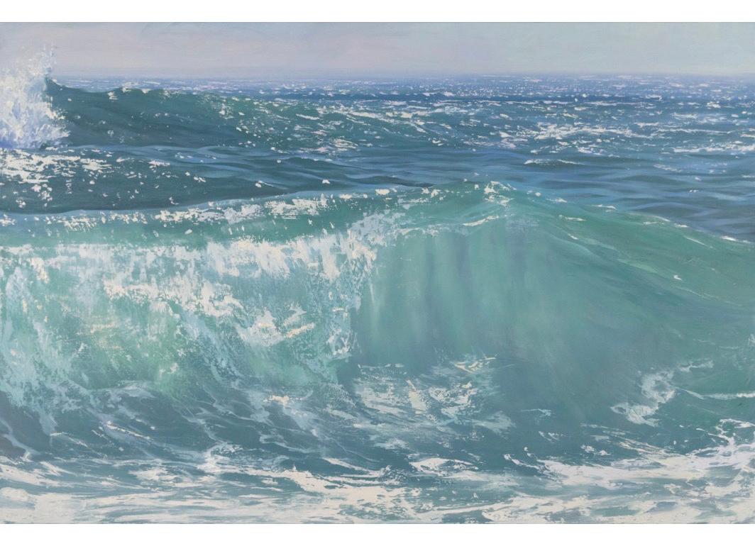 Annie Wildey Landscape Painting - "Here Comes the Sun II" oil painting of rolling green blue waves 