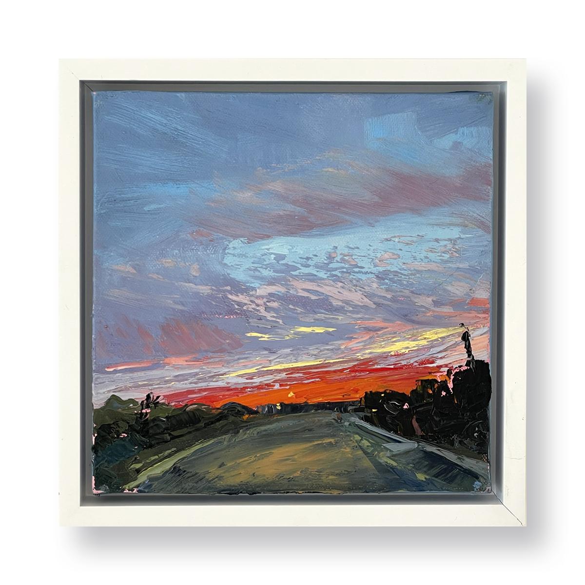 „Homeward Bound“ Blaue und orangefarbene Straße bei Sonnenuntergang.  – Painting von Annie Wildey