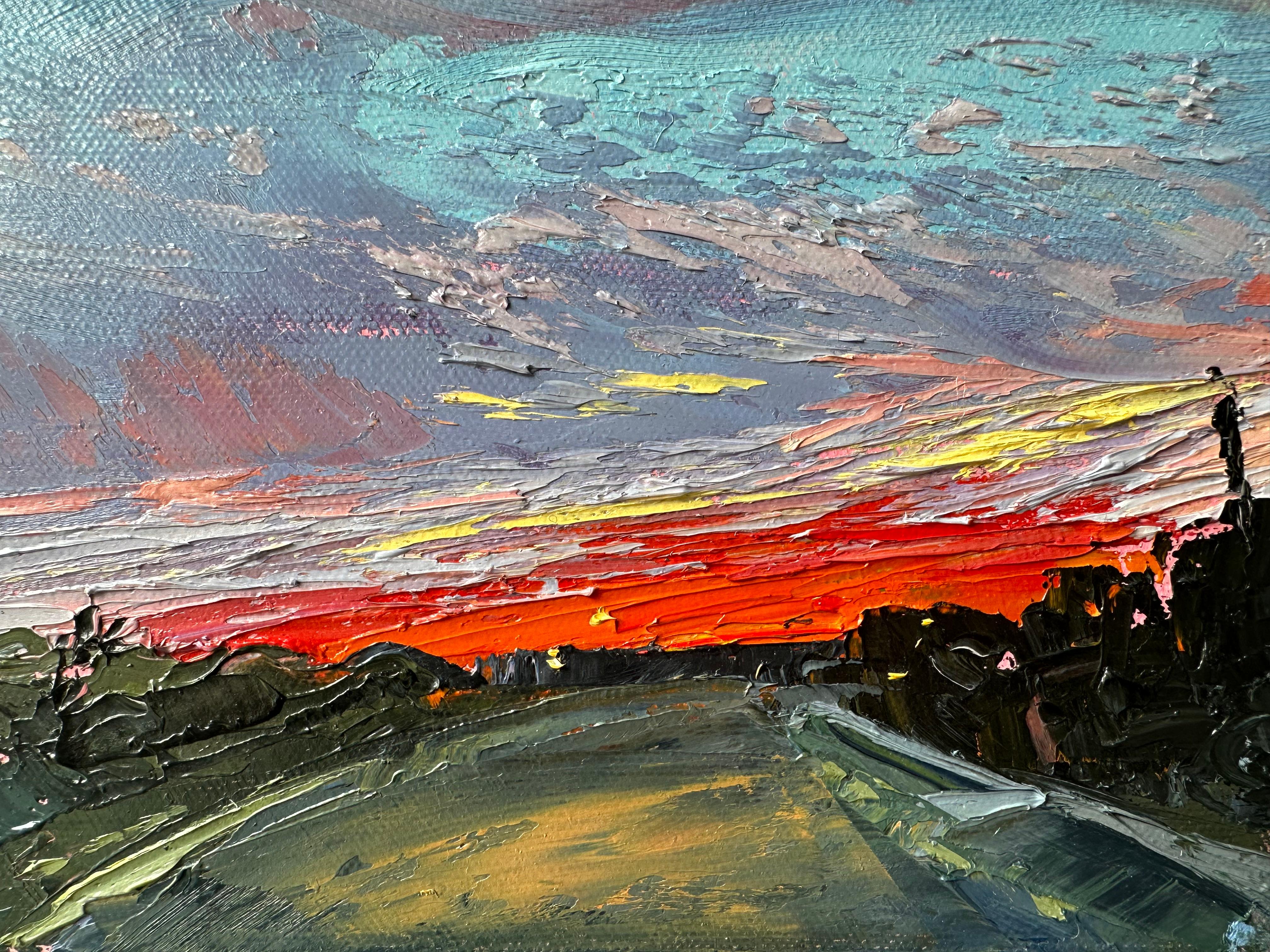„Homeward Bound“ Blaue und orangefarbene Straße bei Sonnenuntergang.  (Grau), Landscape Painting, von Annie Wildey