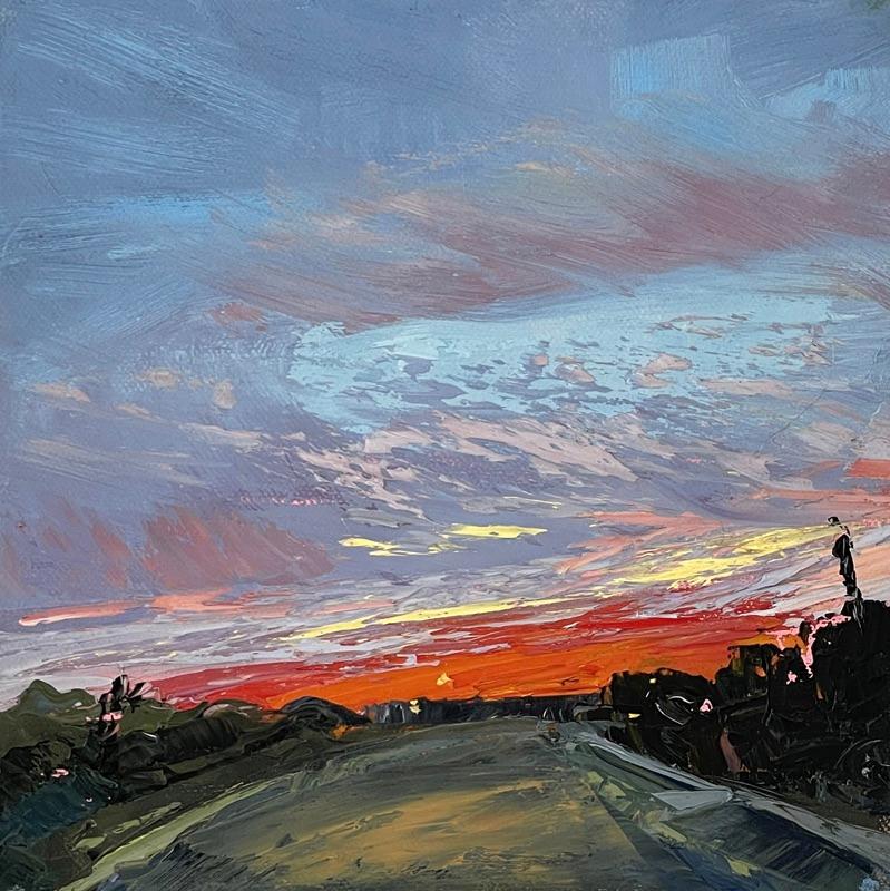 Annie Wildey Landscape Painting – „Homeward Bound“ Blaue und orangefarbene Straße bei Sonnenuntergang. 