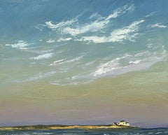 "Lilac on the Horizon" Seascape of a sandy beach against a light blue sky.