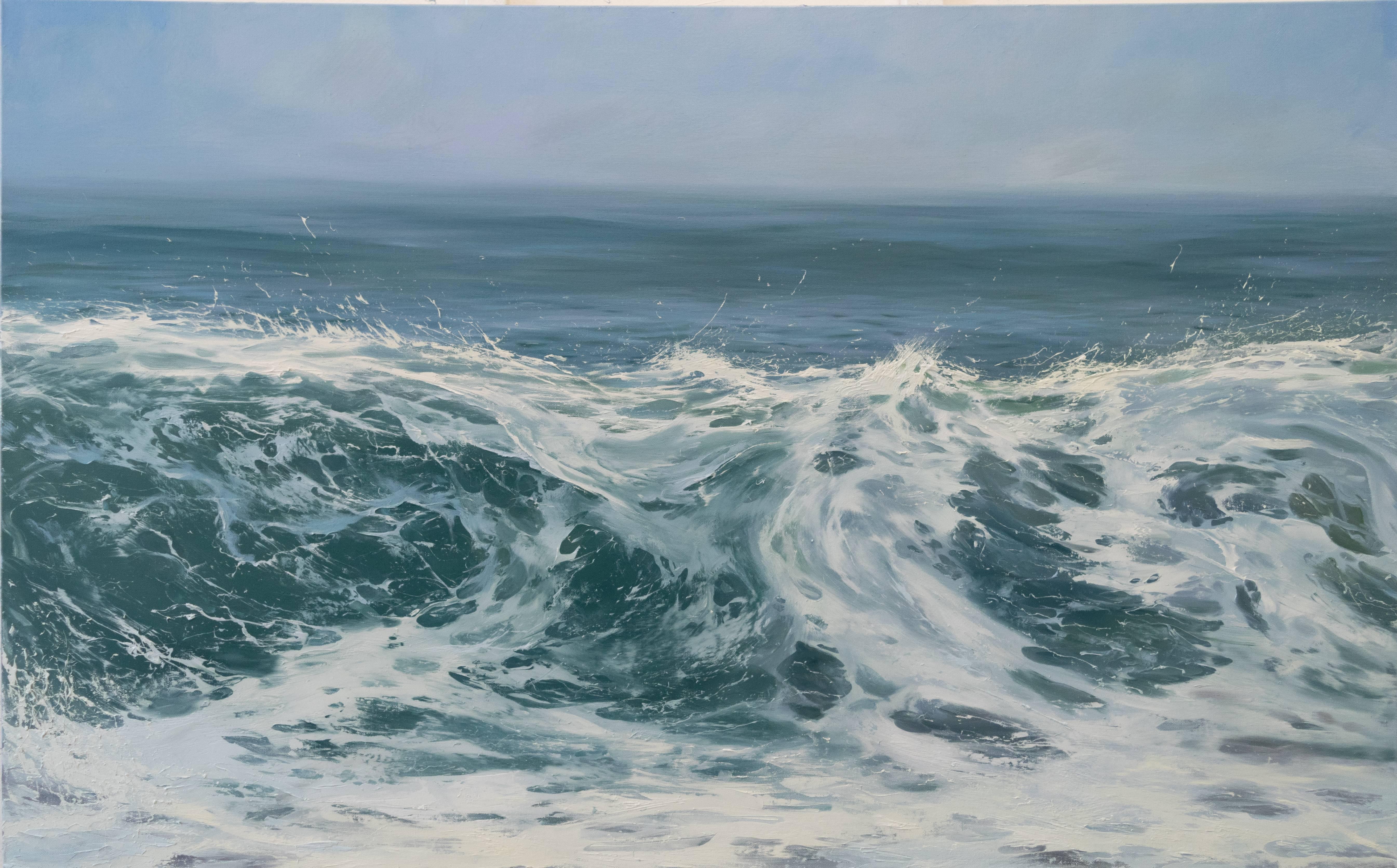 Annie Wildey Landscape Painting - "Morning Breaker" Cresting Wave in Blues and Greens