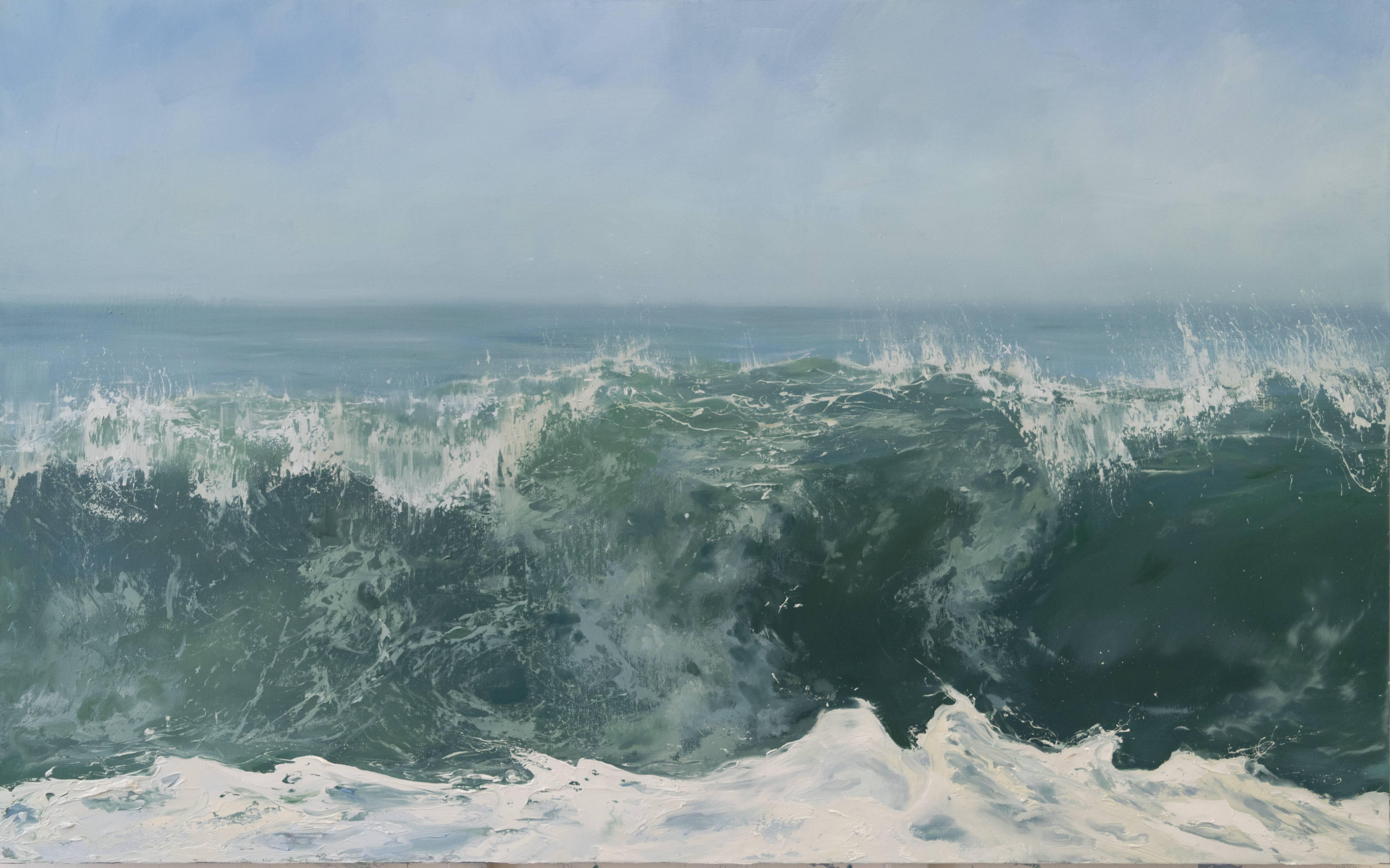 Annie Wildey Landscape Painting - "Morning Crest" Cresting Wave and Sky in Blues and Greens 