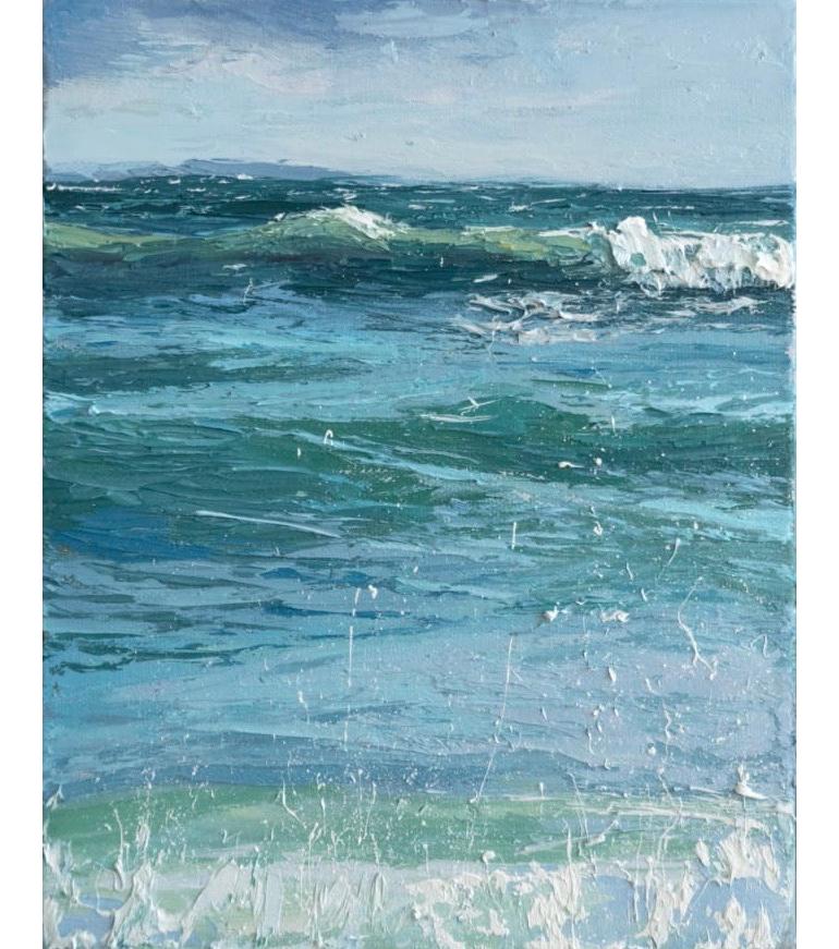 Annie Wildey Landscape Painting - "Rolling In" small scale oil Painting of teal blue waves and light blue sky