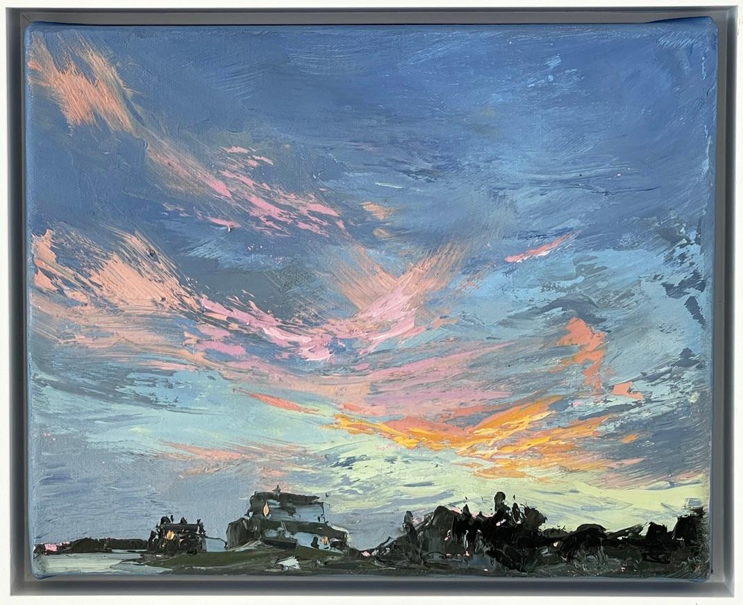 Annie Wildey Landscape Painting - "Skies Delight II" Blue and orange sky at sunset.