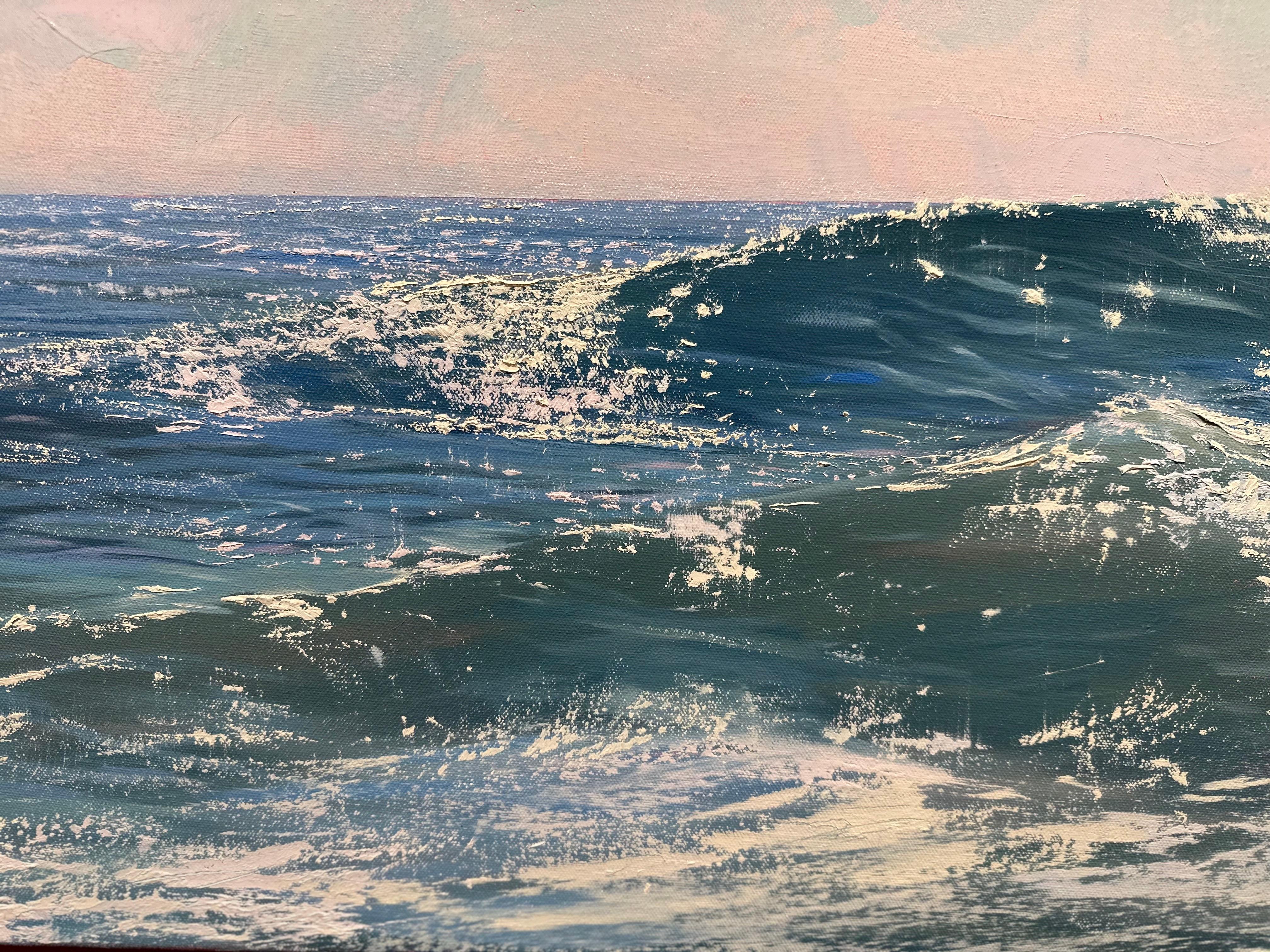 „Summer Breeze I“ Hyperrealistisches Gemälde eines Mohnblumen Meeres. (Blau), Landscape Painting, von Annie Wildey