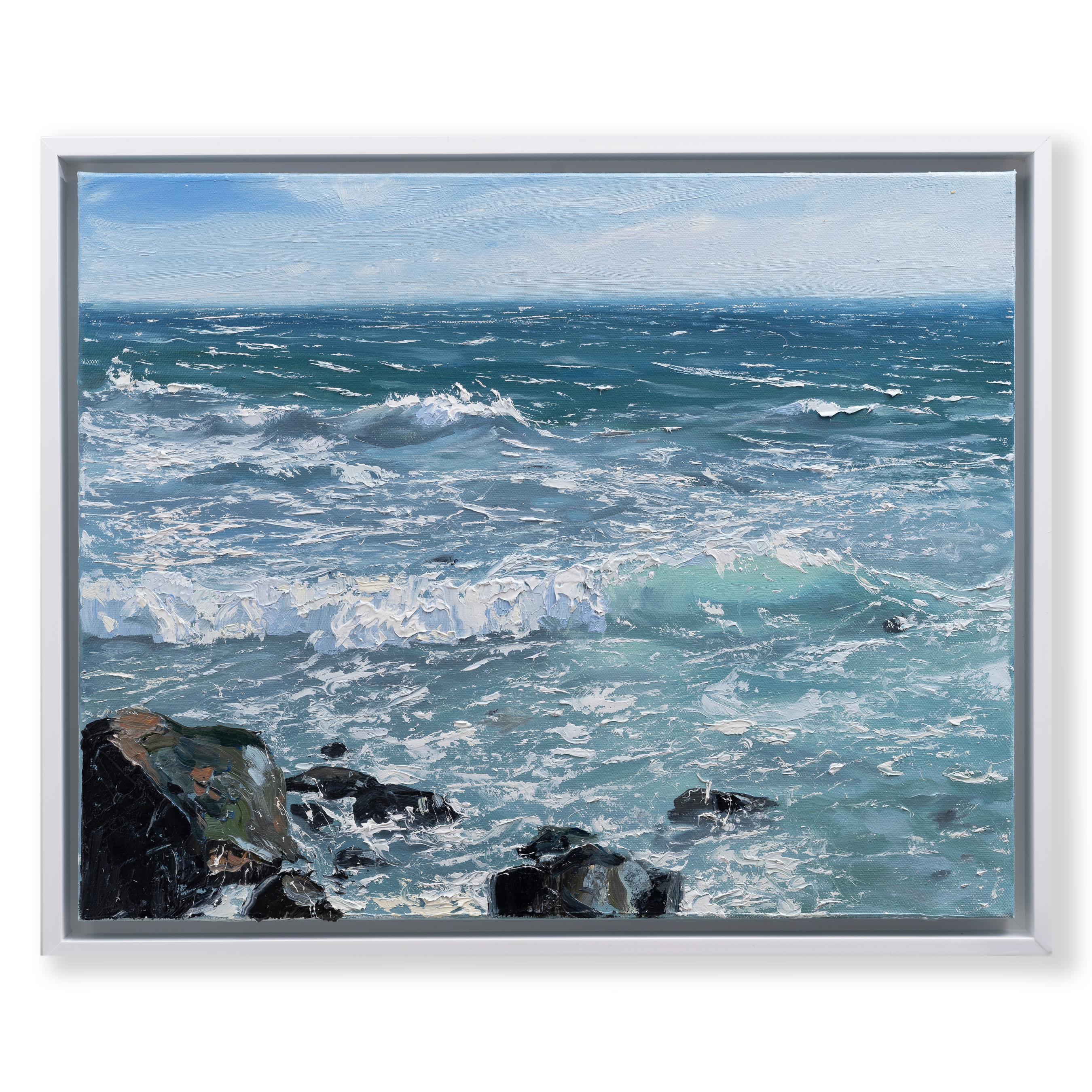 „Summer Rocks n' Surf I“, Ölgemälde mit Wellen, die auf Felsen im Meer stürzen – Painting von Annie Wildey