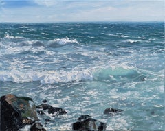 "Summer Rocks n' Surf I" oil painting of waves crashing on rocks in the ocean