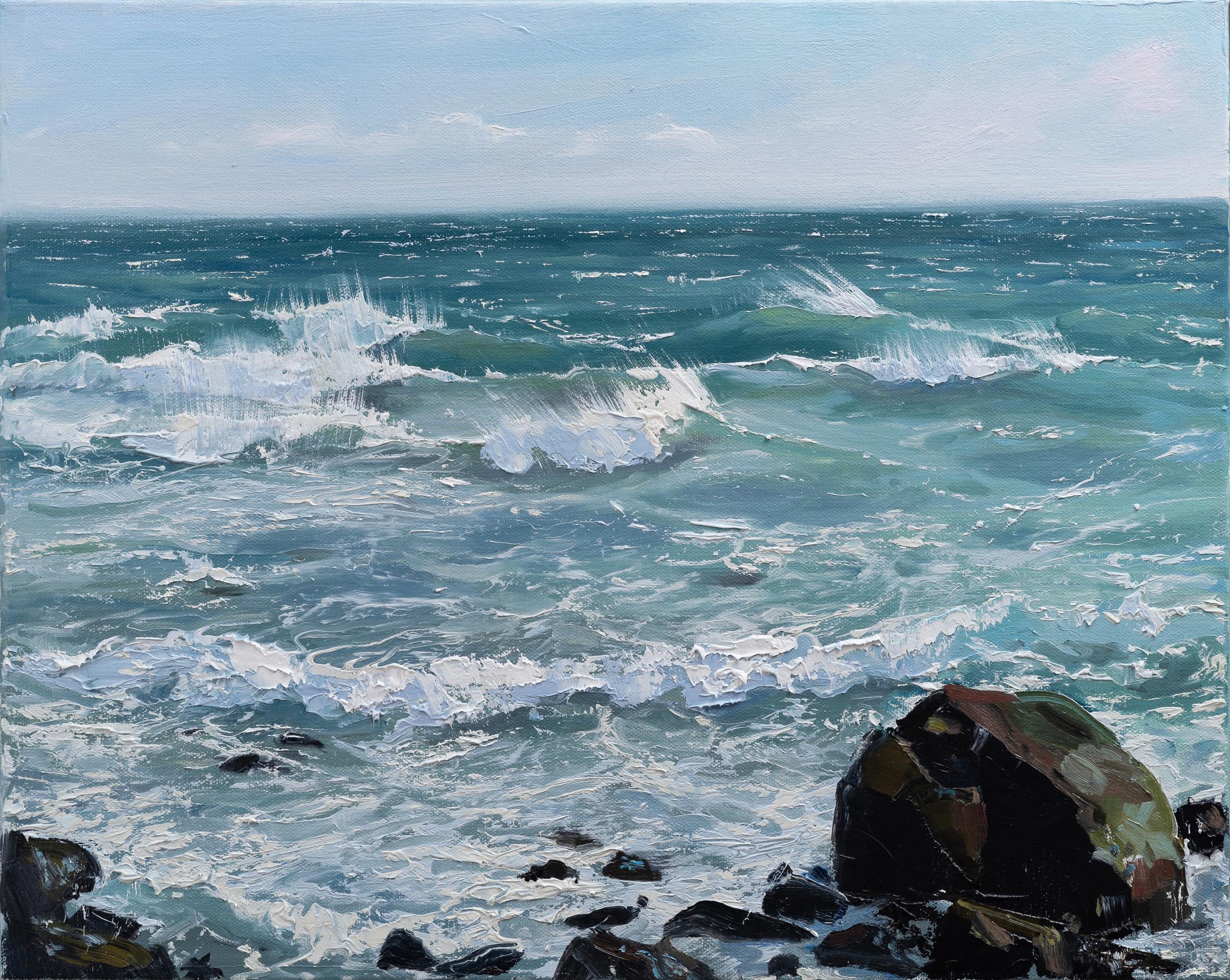 Annie Wildey Landscape Painting - "Summer Rocks n' Surf II" oil painting of waves crashing on rocks in the ocean
