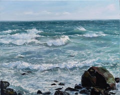 "Summer Rocks n' Surf II" oil painting of waves crashing on rocks in the ocean