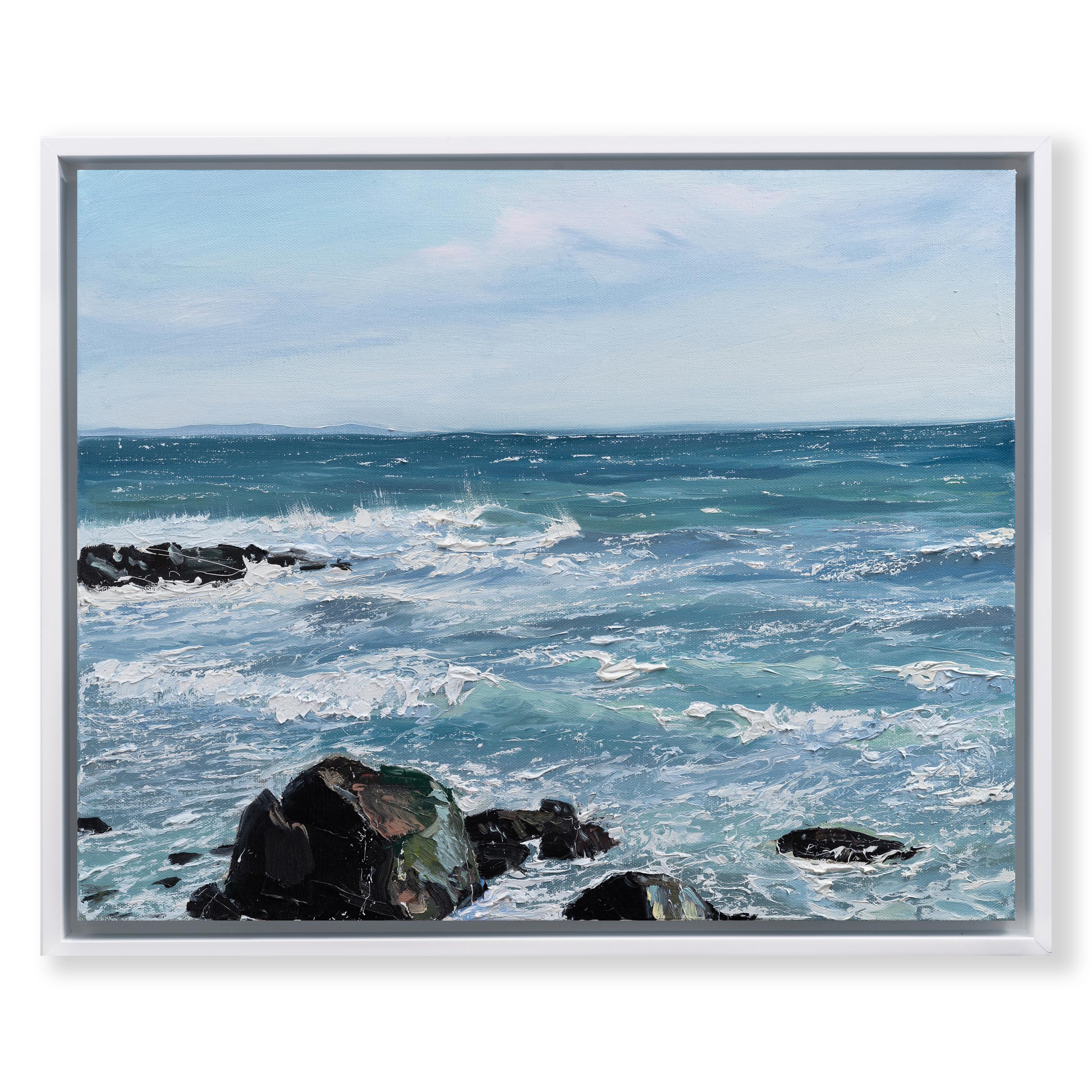 „Summer Rocks n' Surf III“, Ölgemälde mit Wellen, die auf Felsen im Meer stürzen – Painting von Annie Wildey