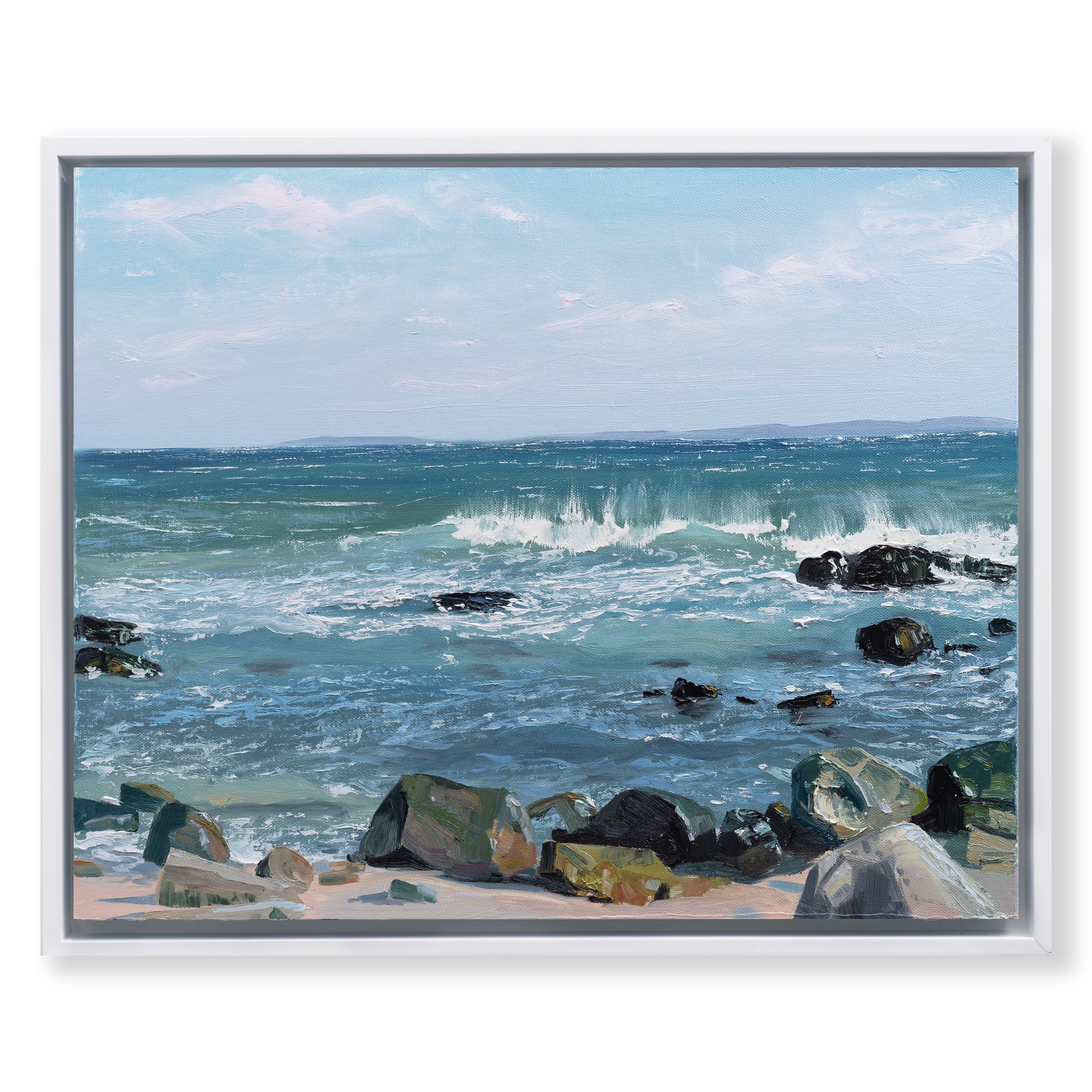 „Summer Rocks n' Surf IV“, Ölgemälde mit Wellen, die auf Felsen im Meer stürzen – Painting von Annie Wildey
