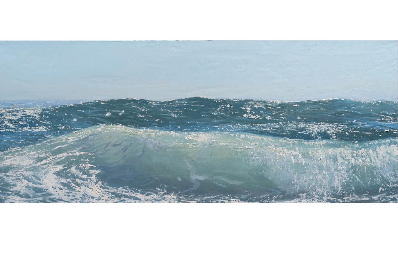 Annie Wildey Landscape Painting - "Summer Seas I" horizontal oil painting of a wave in the ocean