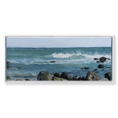 "Summer Shore" oil painting of waves crashing on rocks in the ocean